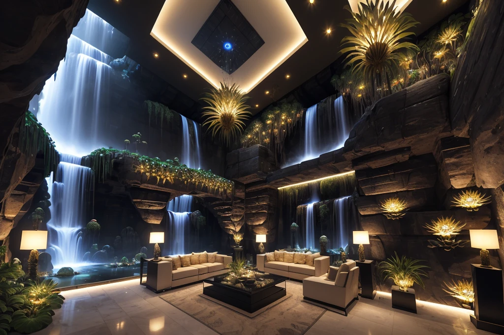 incredible luxurious futuristic living room interior in Ancient Egyptian style with many lush plants (lotus flowers:1.5, palm trees:1.4, rocky walls, sand:1.5, waterfalls:1.5) marble, precious minerals: 2, metals, gemstones, crystals, clouds and water, (curvy luxury furniture), crocodiles, hieroglyphics: 1.5, ultra luxury:2, black marble – with beautiful lights:1.5, Unreal Engine, HQ, 16k