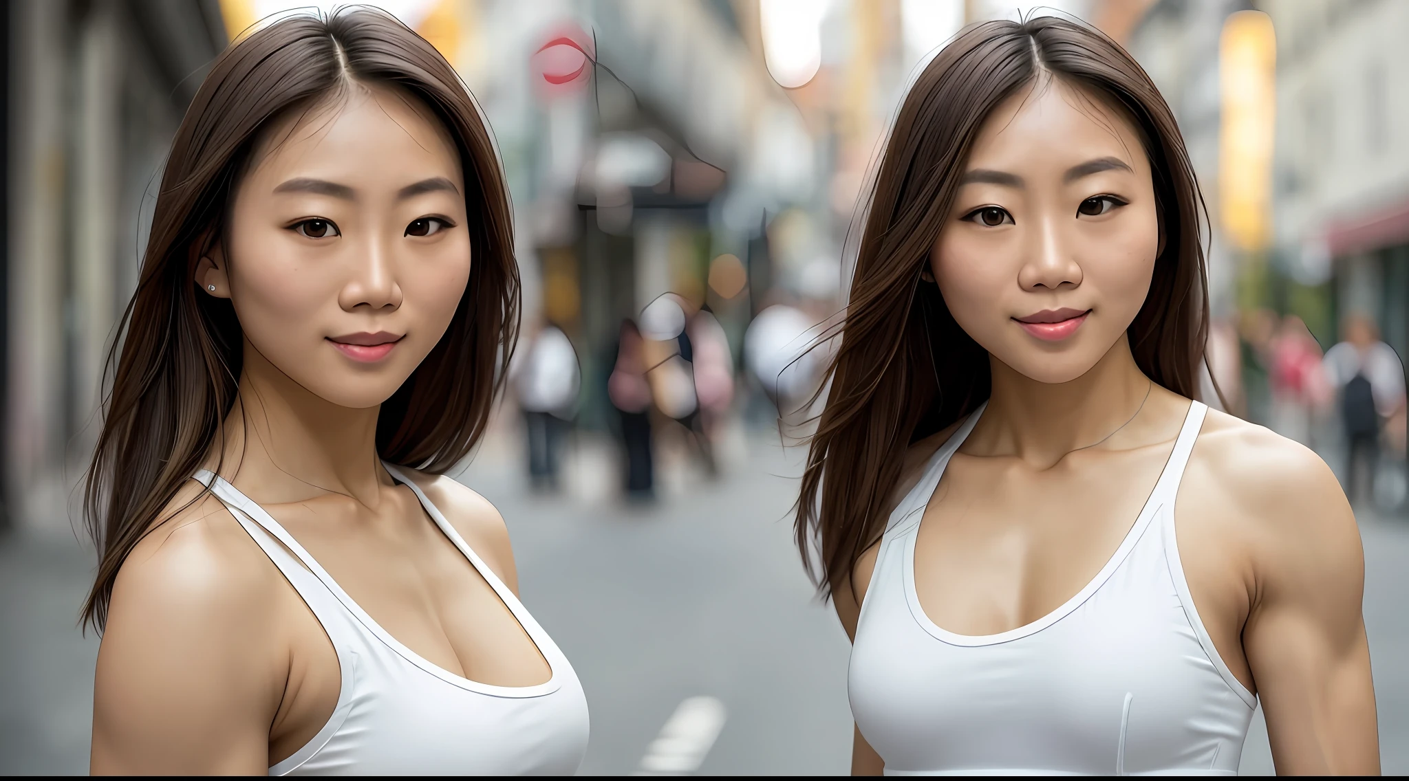 leica_style,masterpiece, best quality,super detailed, high resolution, very detailed, 8k uhd, (Skin Wrinkles: 0.9), (fidelity, fidelity: 1.5), (high detailed skin:0.9), (visible pores:0.6),Clearly visible pores, real skin texture, ((a young Asian woman,blond hair, blonde, solo,bodybuilder physique, wearing white top)), Thai, Korean, Vietnamese, street,night, ((detailed face)),(freckles:0.8), (naughty smile:1.1), (focus on the eyes), (natural light), amazing, photon mapping, radiosity, amazing physically based rendering, fine detail, best, high quality , RAW Photo, (Bokeh: 1.2), Realistic, (Depth of Field: 0.5), Bokeh Background, (Detail Clothing Features), real skin,(dynamic pose: 0.6), (skindentation), (((outdoors))),pureerosface_v1
