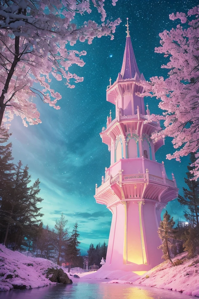 (Fluorescent Color: 1.4), (Translucent: 1.4), (Vintage Filter: 1.4), (Fantasy: 1.4), Candy World, Disneyland, Ethereal Soft, Fluffy Soft Landscape, Forest Snowman, Pastel, Pink Sky, Green, Blue, Sparkle, Ethereal Light, Pastel, Whimsical Light, Rainbow Stars, Diamond, Sparkling Gemstones, Background, Ultra Realistic, Ultra Quality Cinematic Lighting, Huge Detail, Full HD Painting, Well Lit, 1Girl