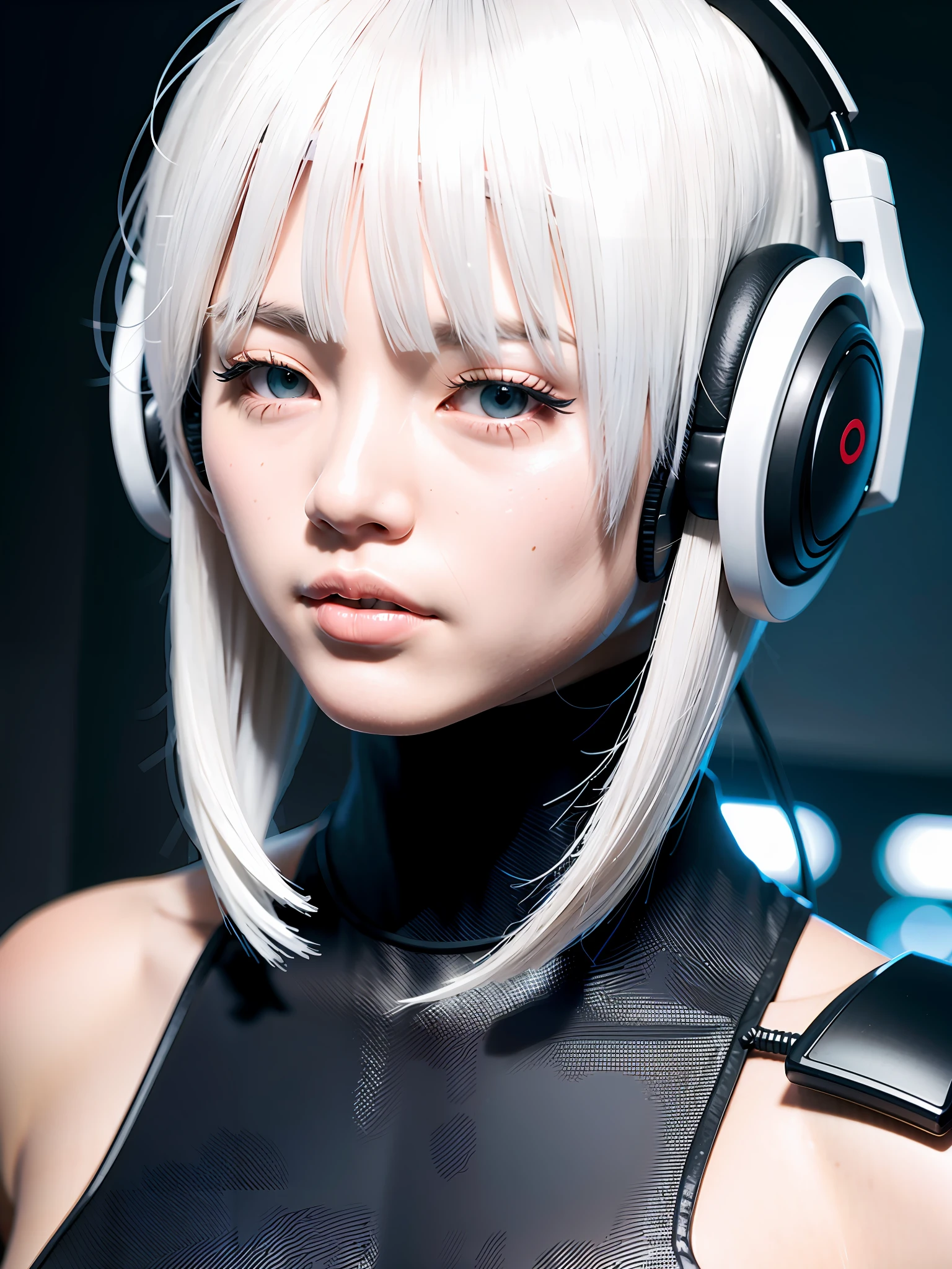 Cyberpunk asian girl whitehair, headset white