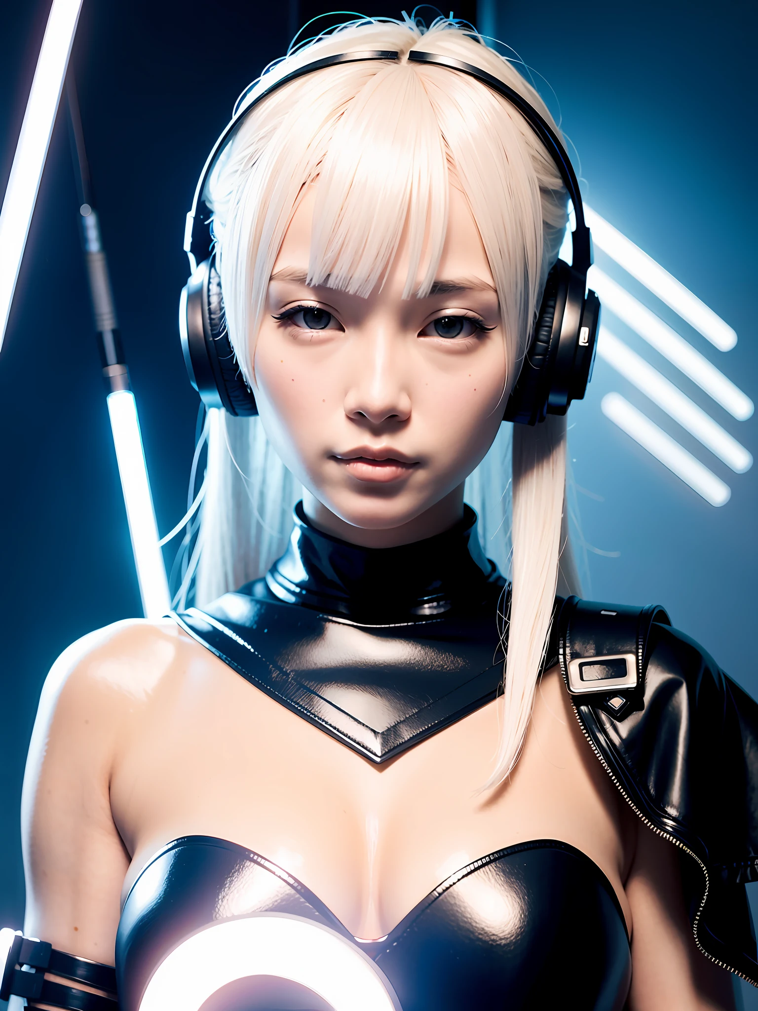 Cyberpunk asian girl whitehair, headset white