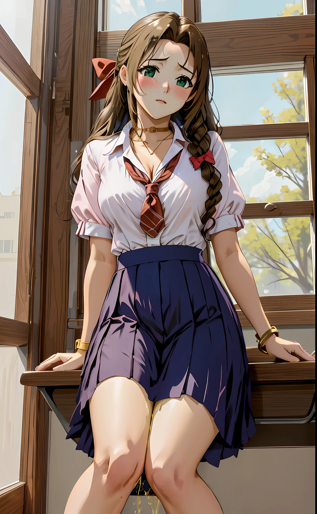 indoors, classroom, sitting at desk, a3r1th, aerith multi view upper body, upskirt panties view, legs together, a3r1th, peeing, peeing herself, puddle of her own urine around her feet, perfect female figure, Aerith Gainsborough, holding pen, green eyes, choker, school uniform, hair bow, bracelet, schoolgirl skirt, pantyhose, looking down nervously, shy, embarrassed, aroused, shocked, panicking, worried, very desperate to pee, urination, legs crossed, rape face, full-face blush, high detail, Realism, Hyperrealism, multiple views, from below, wide shot, ccurate, masterpiece, highres, UHD, anatomically correct, super detail, best quality, highres, 8k