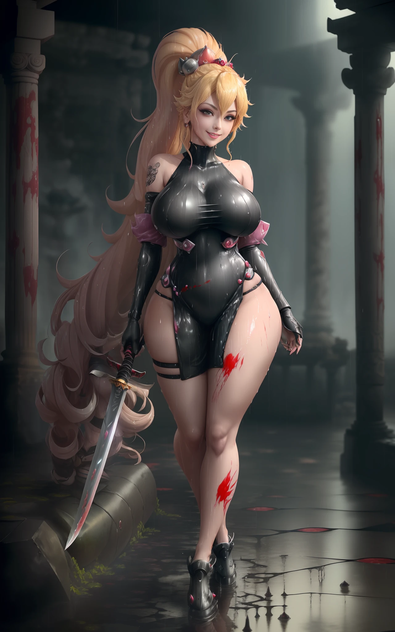 ((1Princess Peach/cybernetic suit/Ninja/huge breasts/Mohawk hair/full body tattoos/Katana/covered in a lot of blood on the outfit and the whole body,Unreal Engine 5, Anime Style, Masterpiece, Max Resolution/Sharpness/Quality/Detail, legs apart, sword wielded,staring at the viewer/smiling/clothing and body all wet, in a macabre ancient temple with extremely heavy rain with half-flooded ground.