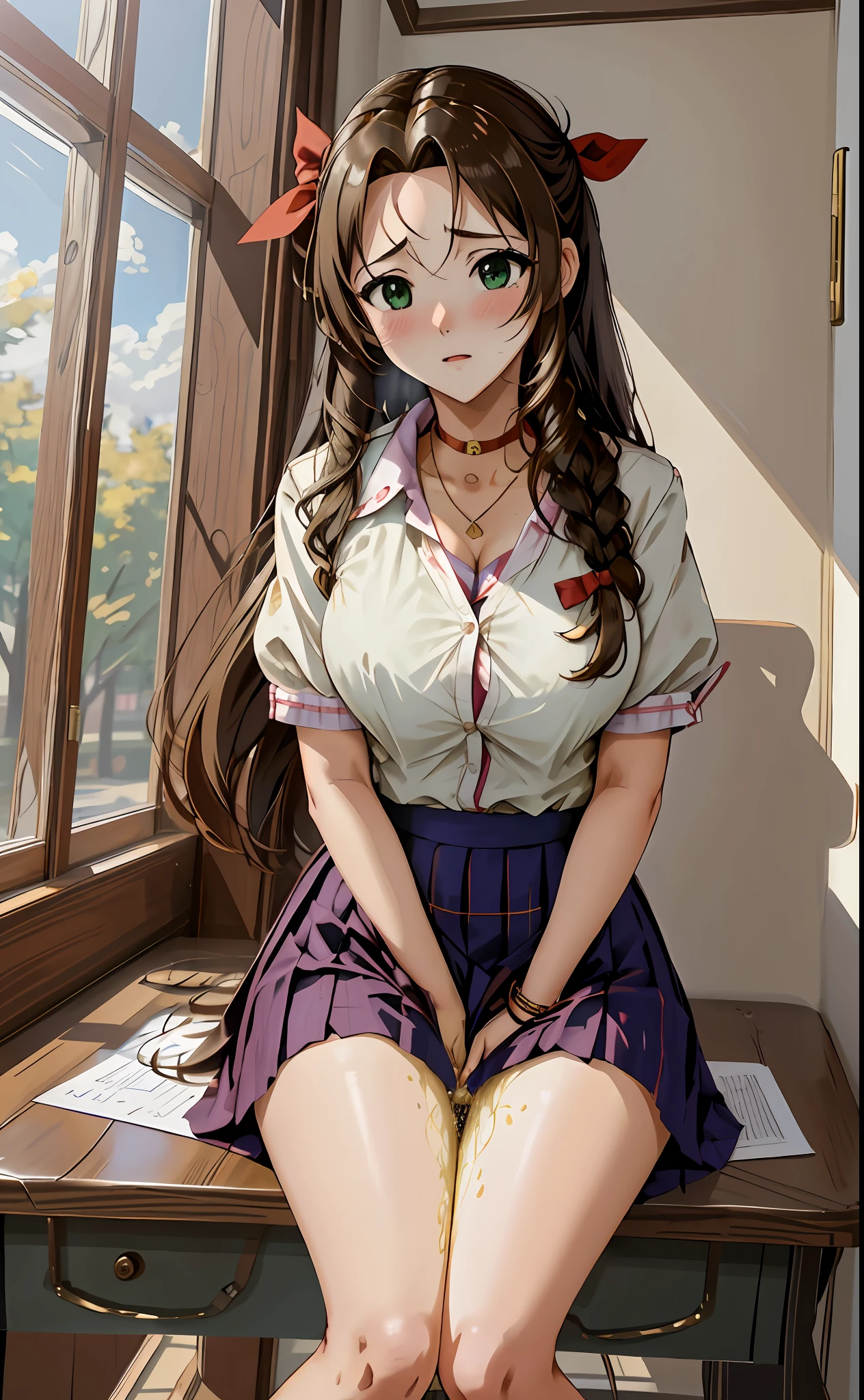 indoors, classroom, sitting at desk, a3r1th, aerith multi view upper body, upskirt panties view, legs together, a3r1th, peeing, peeing herself, puddle of her own urine around her feet, perfect female figure, Aerith Gainsborough, holding pen, green eyes, choker, school uniform, hair bow, bracelet, schoolgirl skirt, pantyhose, looking down nervously, shy, embarrassed, aroused, shocked, panicking, worried, very desperate to pee, urination, legs crossed, rape face, full-face blush, high detail, Realism, Hyperrealism, multiple views, from below, wide shot, ccurate, masterpiece, highres, UHD, anatomically correct, super detail, best quality, highres, 8k