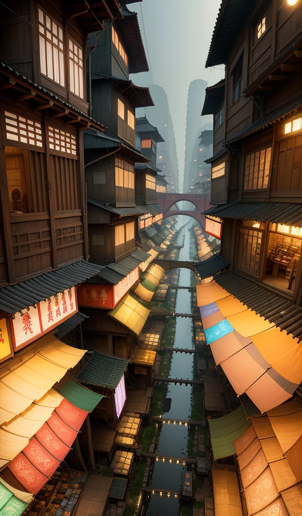 ((masterpiece)), (best quality), (high detial), ((realistic,)) Industrial age city, deep valley in the middle, building streets, bazaars, bridges, rainy days, cyberpunk, Chinese architecture