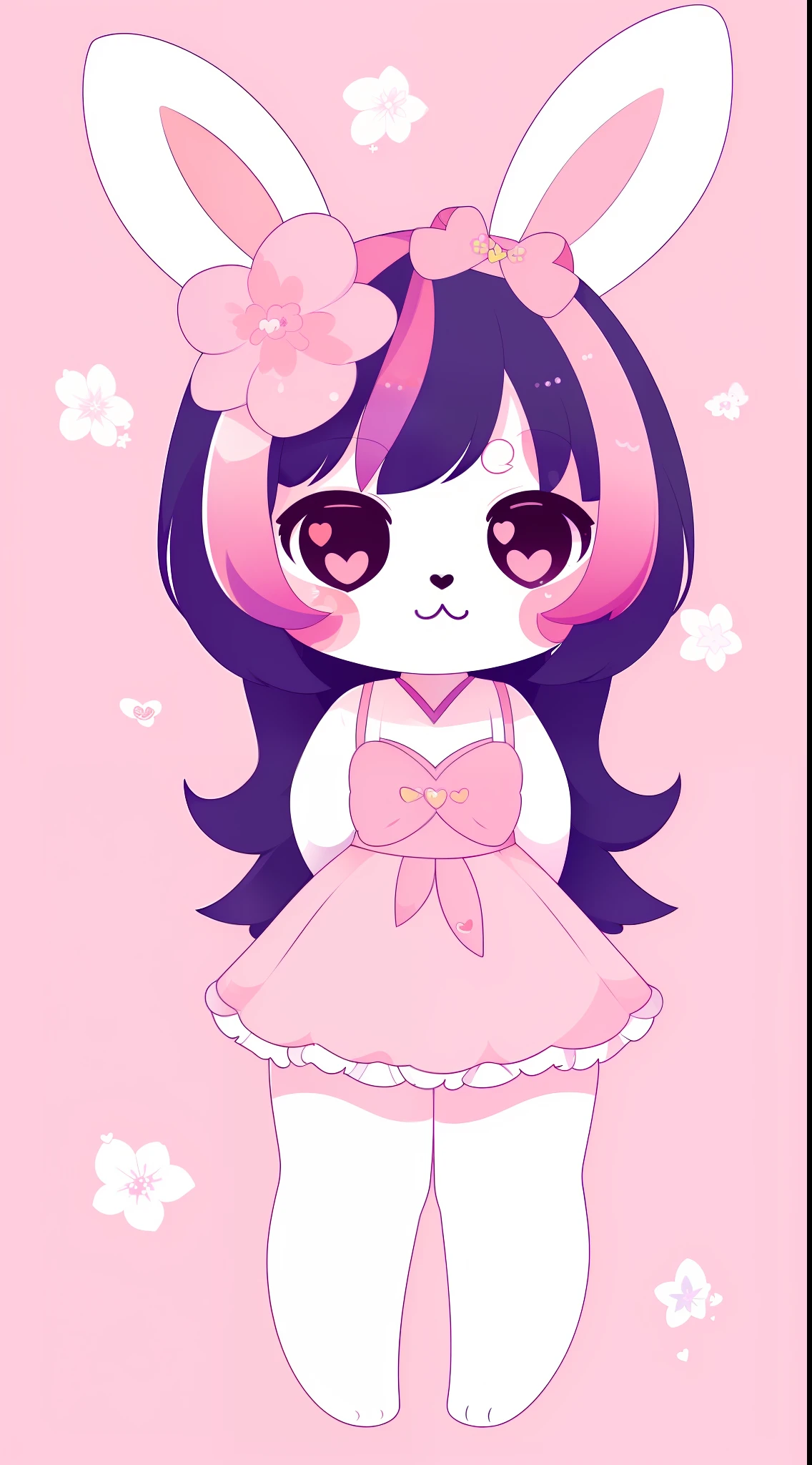 "(Cute:1.2|Kawaii:1.3|chibi:1.4),(bunny:1.2),((1girl)),(solo),(floral,twilight background),flat colors, Mymelody