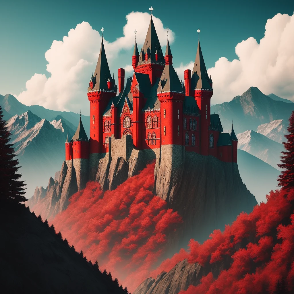 Hell, red castle among mountains, skulls