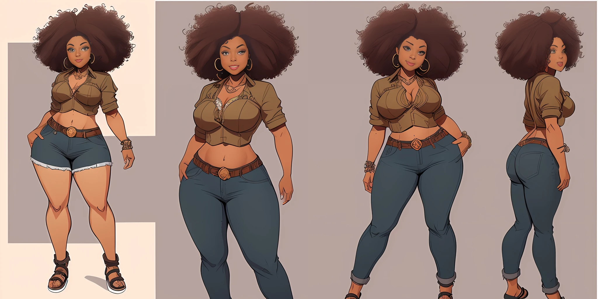 Twist, sketches of an overweight woman, realistic, poor woman, (((face with afro features)))), ((brown skin)), wide hips, wide back, wearing light jeans, ((street art style)), ripped jeans and leather sandals, handmade handbag, handmade earrings, highlighted dark hair, ((curly hair)), ((((wide waist)))), (front pose), (side pose), (back pose), high quality character design,  character design art, artstation art, highly detailed character design, comic book drawing concept art, comic art, character design, professional character design, character design concept art, concept art illustration, colorful concept art, character concept art, stylized character design, [character design]