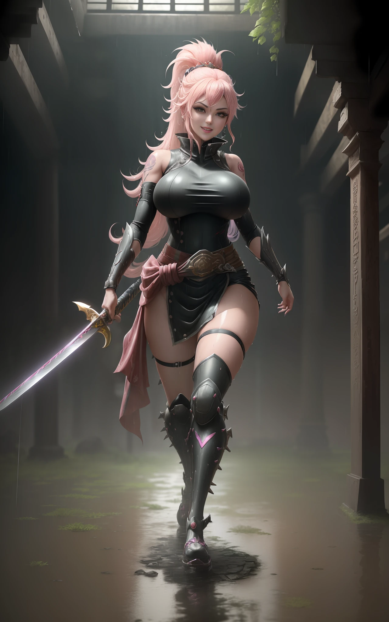 (1 Princess Peach/cybernetic suit/Ninja/huge breasts/Mohawk hair/full body tattoos/Katana/bloodbath/clothing/body, Unreal Engine 5, Anime Style, Masterpiece, Max Resolution/Sharpness/Quality/detail, (running very fast), (sword wielded above waist), staring at the viewer/smiling/clothing and body all wet, in a macabre ancient temple with extremely heavy rain with half-flooded ground.