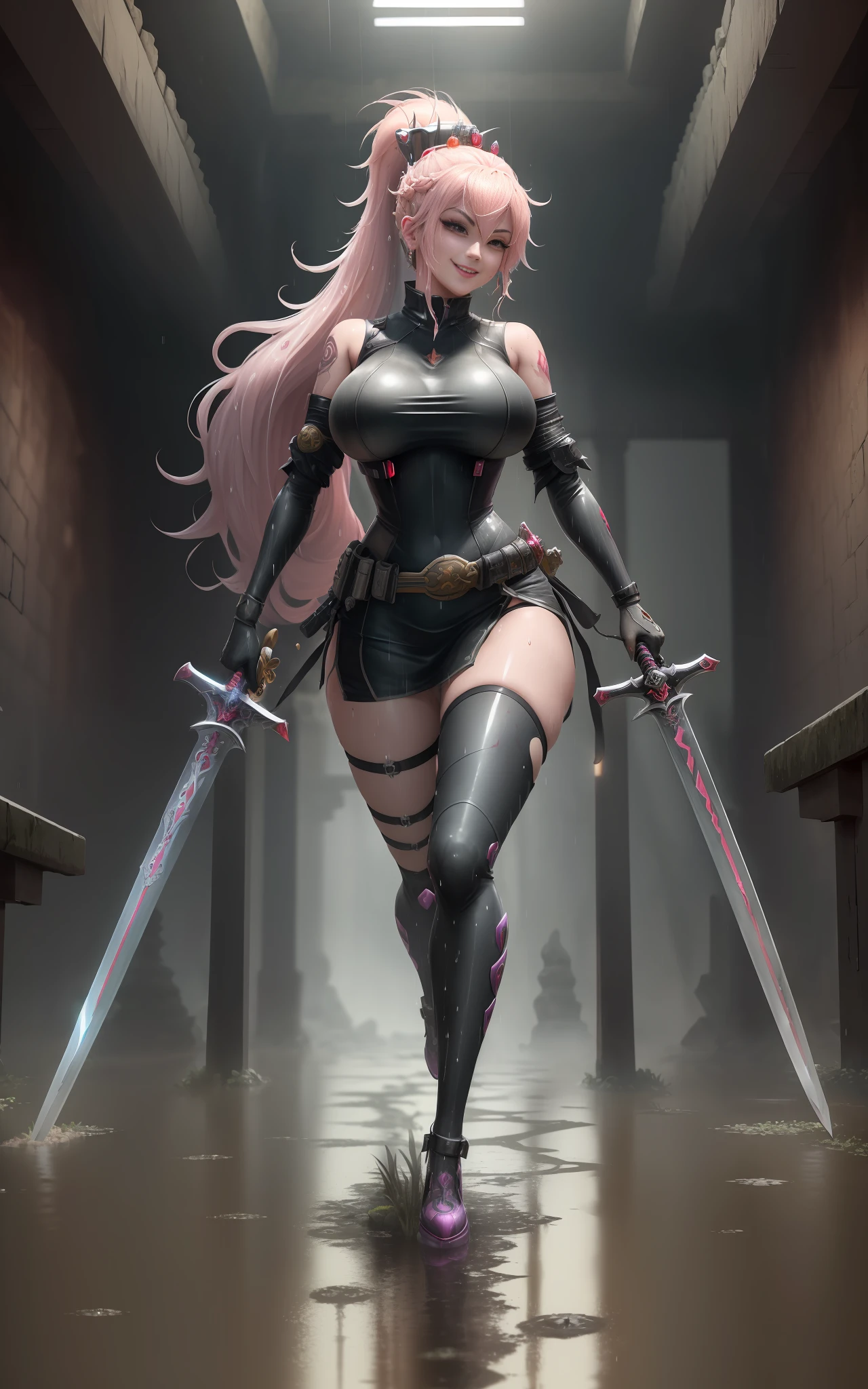 (1 Princess Peach/cybernetic suit/Ninja/huge breasts/Mohawk hair/full body tattoos/Katana/bloodbath/clothing/body, Unreal Engine 5, Anime Style, Masterpiece, Max Resolution/Sharpness/Quality/detail, (running very fast), (sword wielded above waist), staring at the viewer/smiling/clothing and body all wet, in a macabre ancient temple with extremely heavy rain with half-flooded ground.