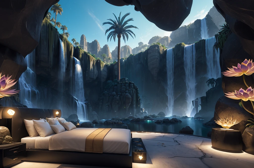 incredible luxurious futuristic bedroom interior in Ancient Egyptian style with many lush plants (lotus flowers:1.5, palm trees:1.4, rocky walls, sand:1.5, waterfalls:1.5) marble, precious minerals: 2, metals, gemstones, crystals, clouds and water:2, ((curvy luxury furniture)), crocodiles, hieroglyphics: 1.5, ultra luxury:2, black marble – with beautiful lights:1.5, Unreal Engine, HQ, 16k