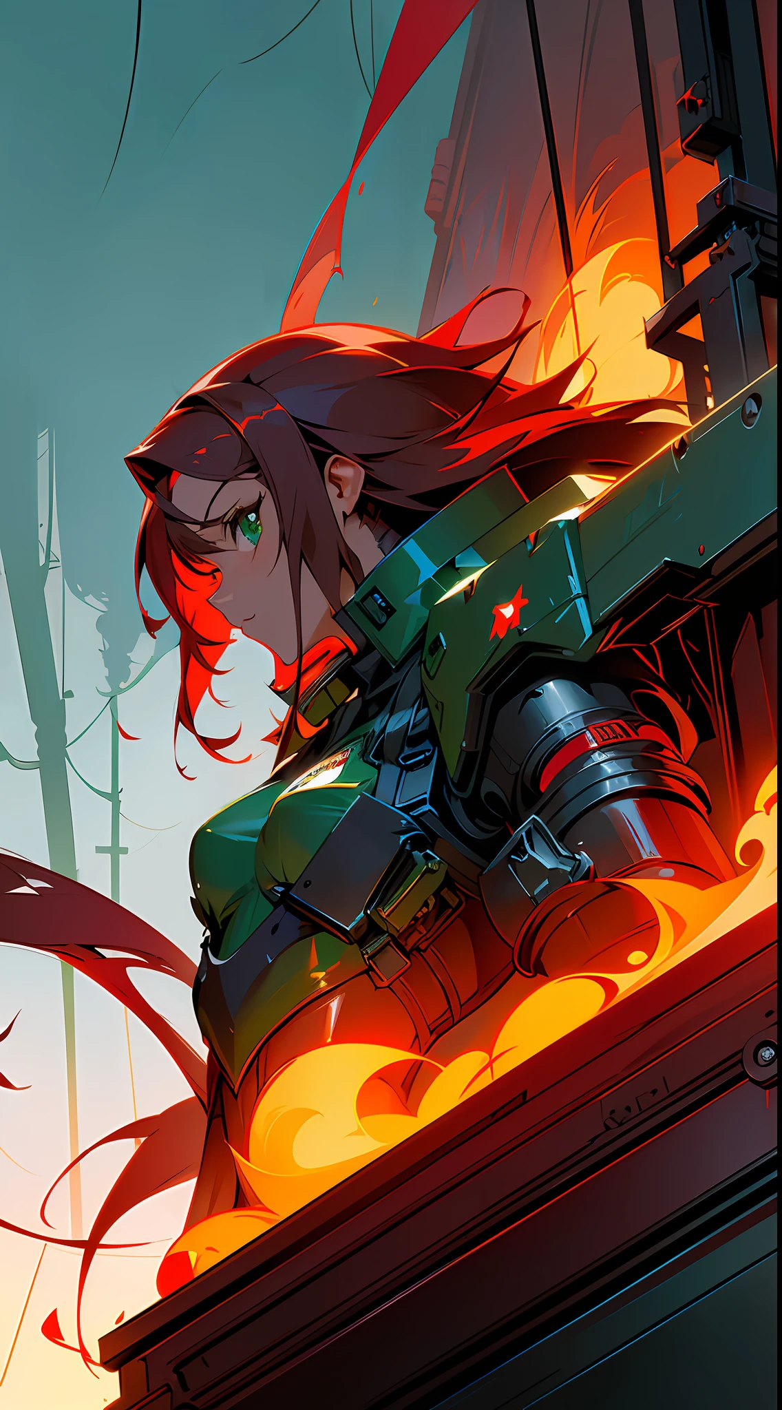 cyberpunk,metal ARMOR, guilty gear,1girl, INTO THE SMOKE AND FLAMES ON A hyperdetailed baTTLEFIELD,rain,cyberpunk armor,exoskeleton,(dark skin|dark skin),(crimson hair|dark red hair|burgundy hair|brown hair|red hair|red hair|red hair:1.2|scarlet hair:1.2), (long hair|loose hair|cascading hair),(armor: 1.3),(stunning|stunning|wonderful|breathtaking|beautiful|lovely), (green eyes|forest green eyes|emerald green eyes|jade green eyes),(cyberpunk :1.25))