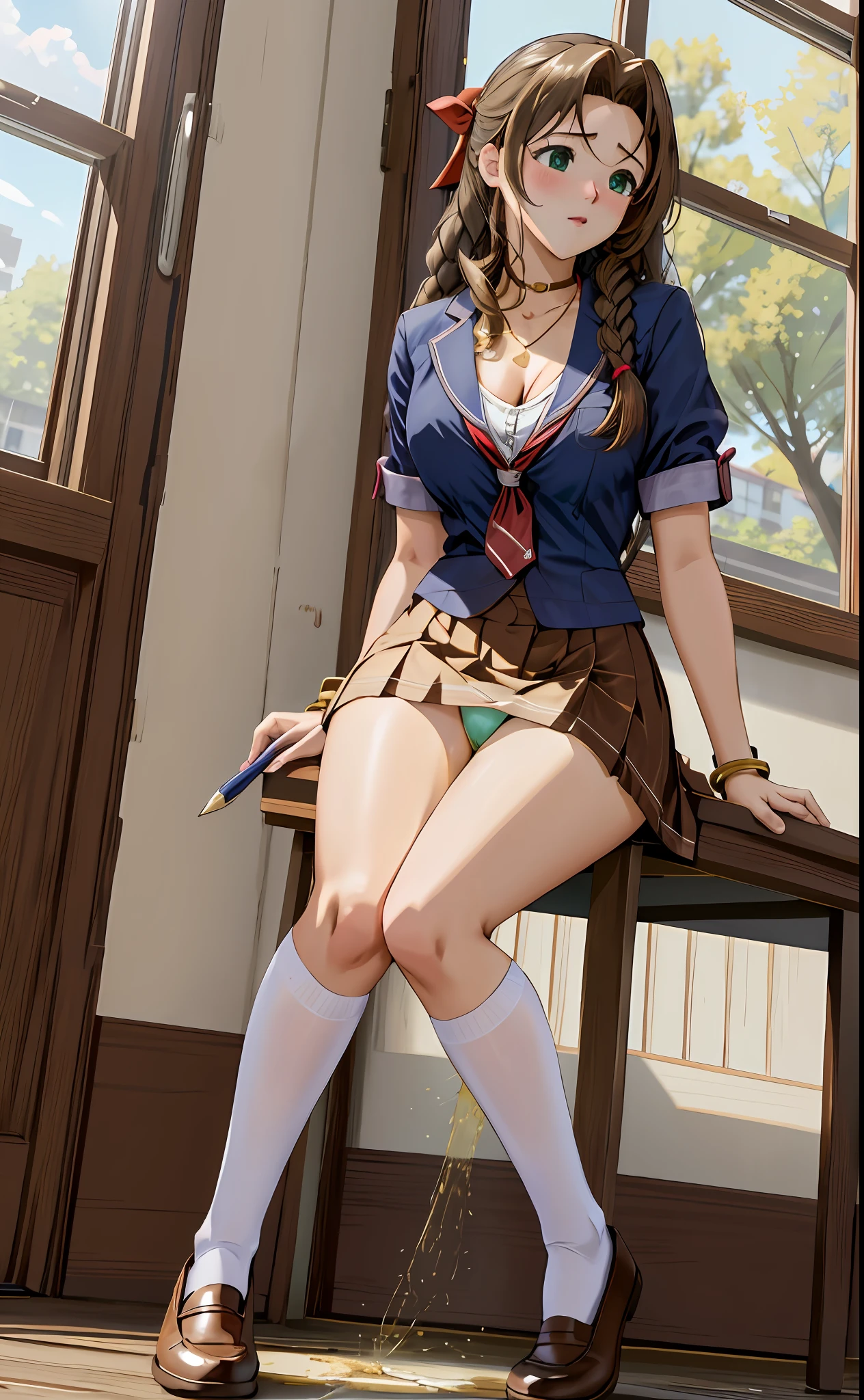 indoors, classroom, sitting at desk, a3r1th, aerith multi view upper body, upskirt panties view, legs together, a3r1th, peeing, peeing herself, puddle of her own urine around her feet, perfect female figure, Aerith Gainsborough, holding pen, green eyes, choker, school uniform, hair bow, bracelet, schoolgirl skirt, pantyhose, looking down nervously, shy, embarrassed, aroused, shocked, panicking, worried, very desperate to pee, urination, legs crossed, rape face, full-face blush, high detail, Realism, Hyperrealism, multiple views, from below, wide shot, ccurate, masterpiece, highres, UHD, anatomically correct, super detail, best quality, highres, 8k