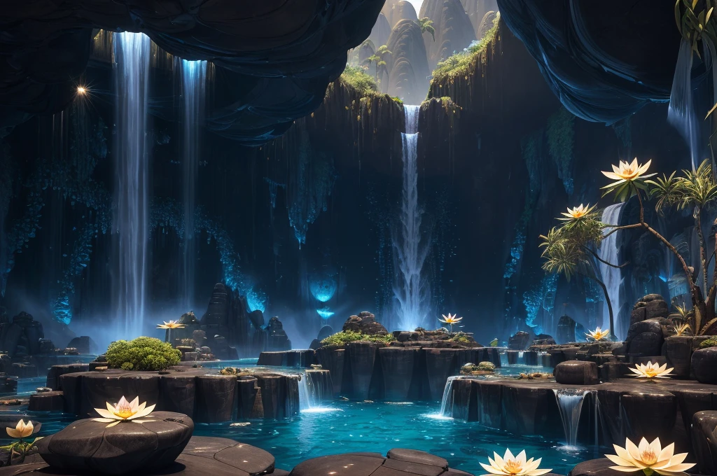 incredible luxurious futuristic interior in Ancient Egyptian style with many lush plants (lotus flowers:1.5, palm trees:1.4, rocky walls, sand:1.5, waterfalls:1.5) marble, precious minerals: 2, metals, gemstones, crystals, clouds and water:2, futuristic luxury furniture, crocodiles, hieroglyphics: 1.5, ultra luxury:2, black marble – with beautiful lights:1.5, Unreal Engine, HQ, 16k