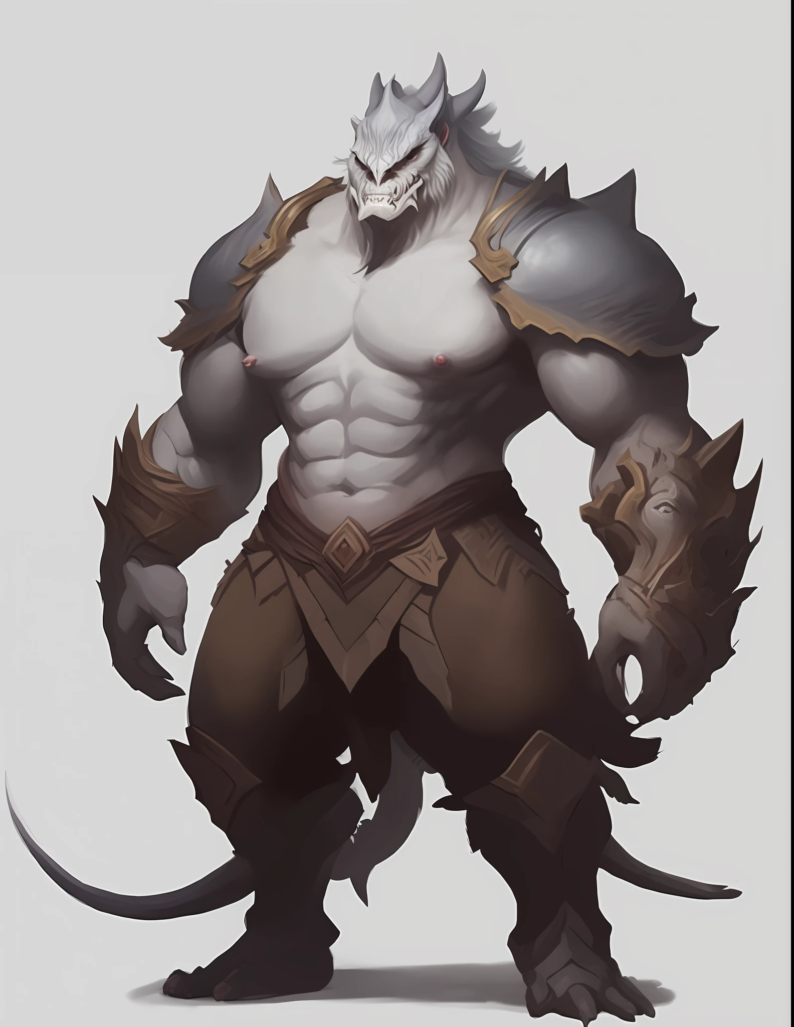 A drawing of a male character with a horned face and a horned body, DND Goliath character concept, Complex fantasy character, Detailed full-body concept, Feng Zhu concept art, Senior conceptual artist, Conceptual creature character art, Djinn Man demon hybrid, artStation concept art, full body concept, art concept, Potrait Berserker, thick armor, do not change the character design just readjust the face, put readjustment of details and readjust the quality of the image,put forest background