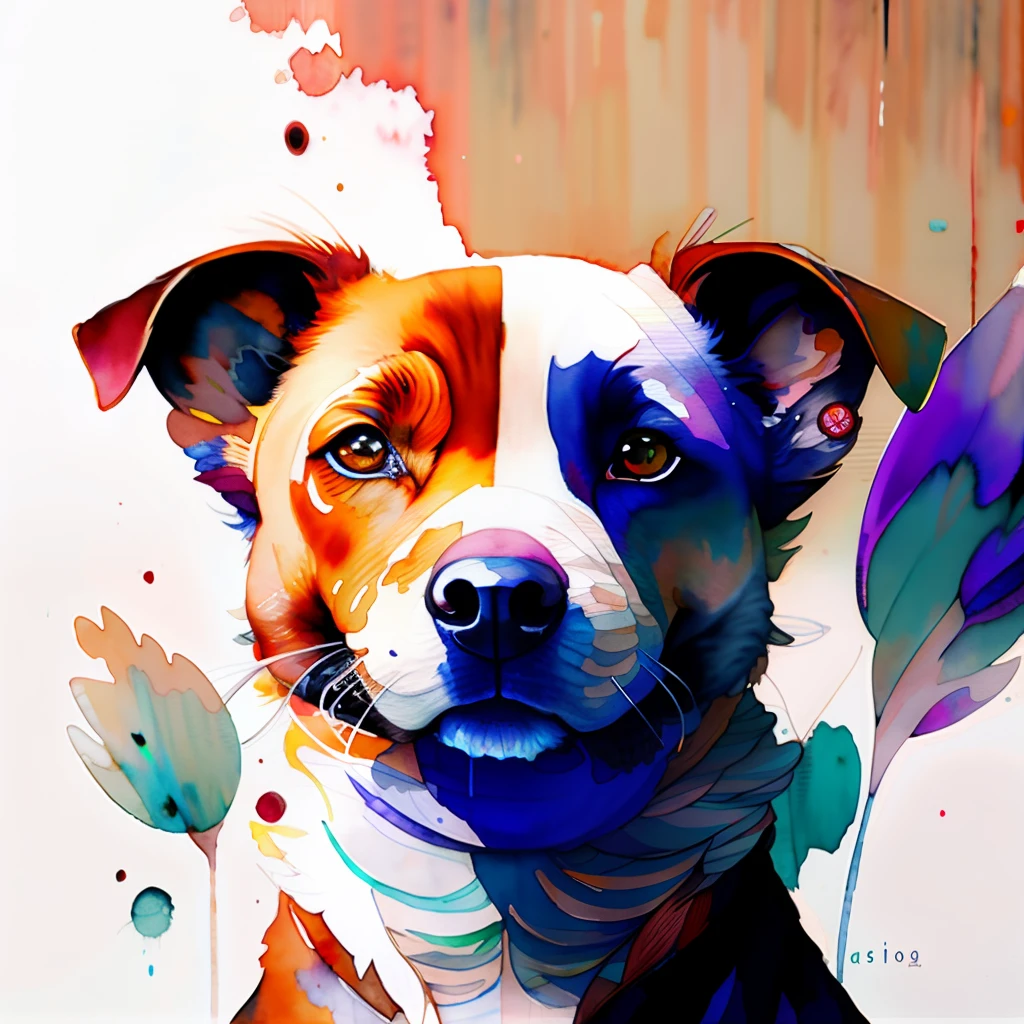 wtrcolor style, Digital art of (dog character), official art, frontal, smiling, masterpiece, Beautiful, ((watercolor)), face paint, paint splatter, intricate details. Highly detailed, detailed eyes, [dripping:0.5], Trending on artstation, by Rachel Walker