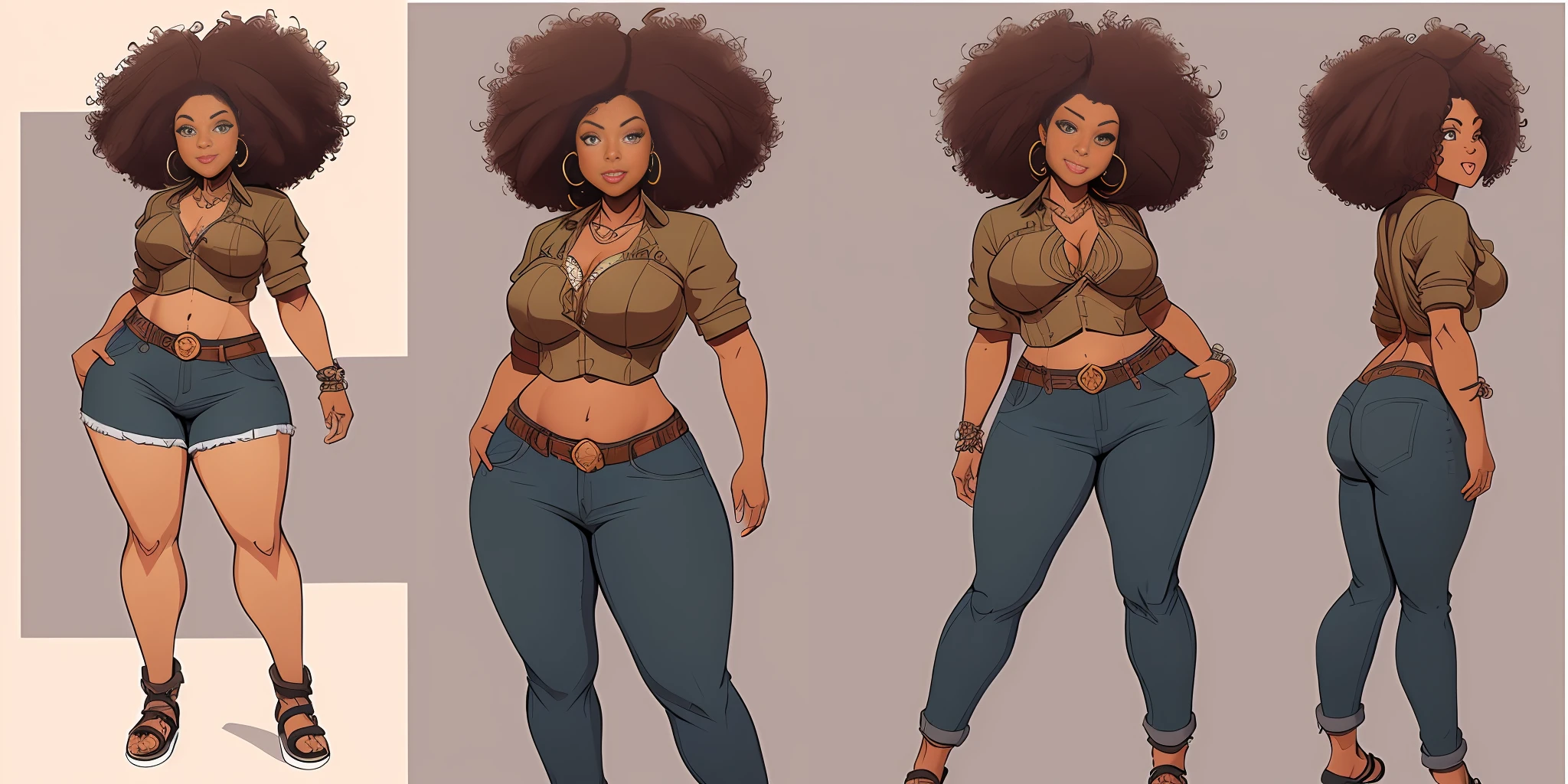 Twist, sketches of an overweight woman, (overweight woman), (woman 40 years), (realistic), poor woman, ((face with Latin features)), ((((brown skin)))), wide hips, wide back, wearing light jeans, ((street art style)), ripped jeans and leather sandals, handmade handbag, handmade earrings, highlighted dark hair, ((curly hair)), ((((wide waist)))), (multiple poses), ((front pose)),  ((side pose)), ((back pose)), high quality character design, character design art, artstation art, highly detailed character design, comic book drawing concept art, comic art, character design, professional character design, character design concept art, concept art illustration, colorful concept art, character concept art,  stylized character design, [character design]