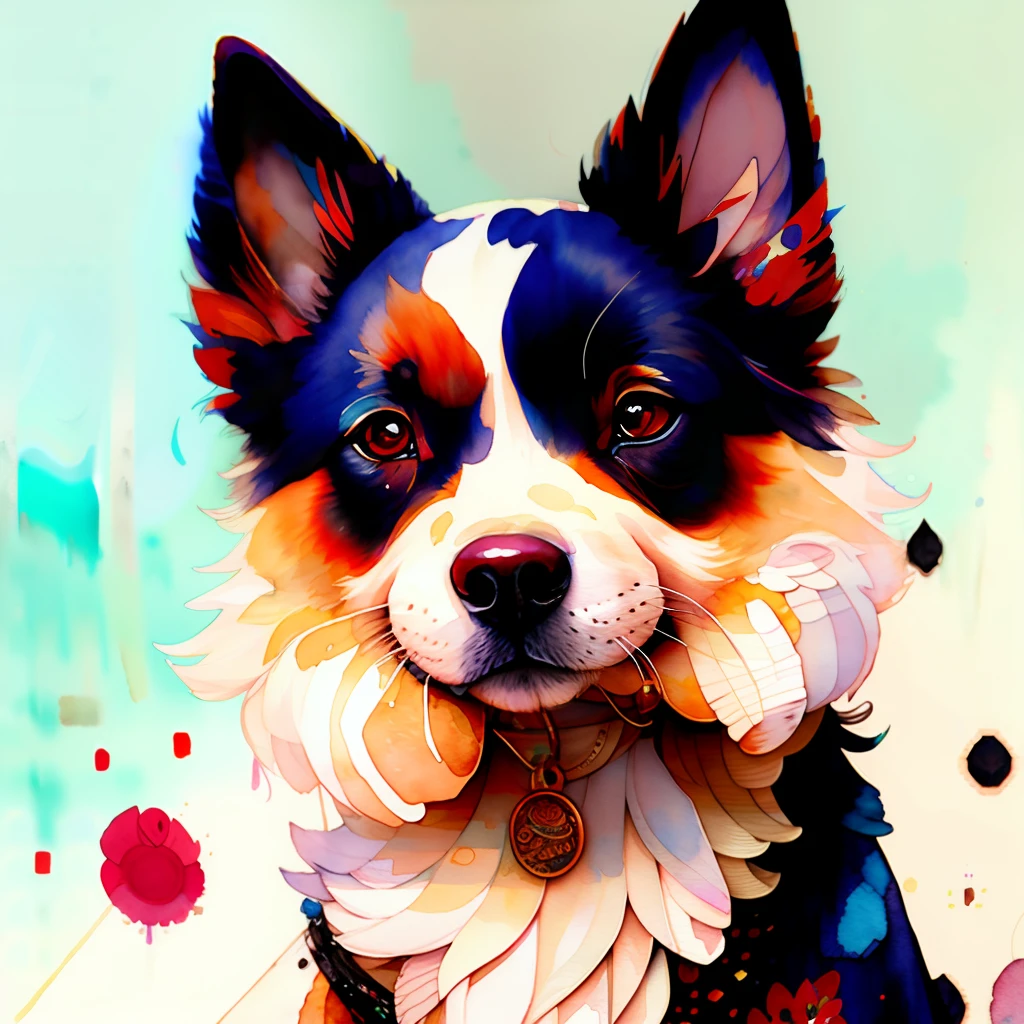 wtrcolor style, Digital art of (dog character), official art, frontal, smiling, masterpiece, Beautiful, ((watercolor)), face paint, paint splatter, intricate details. Highly detailed, detailed eyes, [dripping:0.5], Trending on artstation, by Rachel Walker