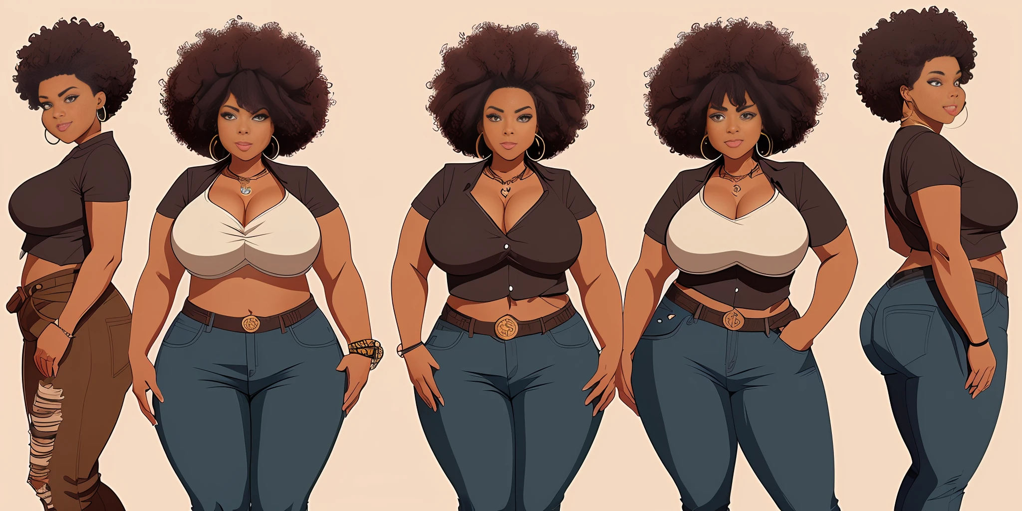 Twist, sketches of an overweight woman, realistic, poor woman, (((face with afro features)))), ((brown skin)), wide hips, wide back, wearing light jeans, ((street art style)), ripped jeans and leather sandals, handmade handbag, handmade earrings, highlighted dark hair, ((curly hair)), localized fat, ((((wide waist)))), (front pose), (side pose), (back pose), high quality character design,  character design art, artstation art, highly detailed character design, comic book drawing concept art, comic art, character design, professional character design, character design concept art, concept art illustration, colorful concept art, character concept art, stylized character design, [character design]