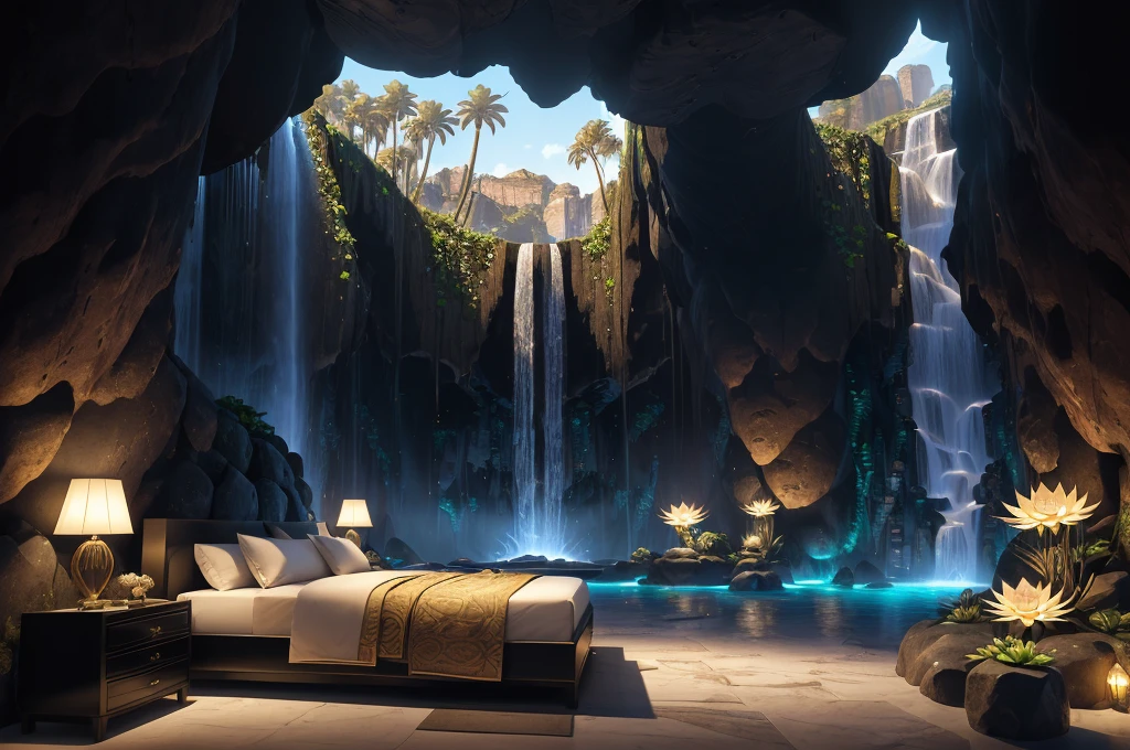 incredible luxurious futuristic bedroom interior in Ancient Egyptian style with many lush plants (lotus flowers:1.5, palm trees:1.4, rocky walls, sand:1.5, waterfalls:1.5) marble, precious minerals: 2, metals, gemstones, crystals, clouds and water:2, futuristic luxury furniture, crocodiles, hieroglyphics: 1.5, ultra luxury:2, black marble – with beautiful lights:1.5, Unreal Engine, HQ, 16k