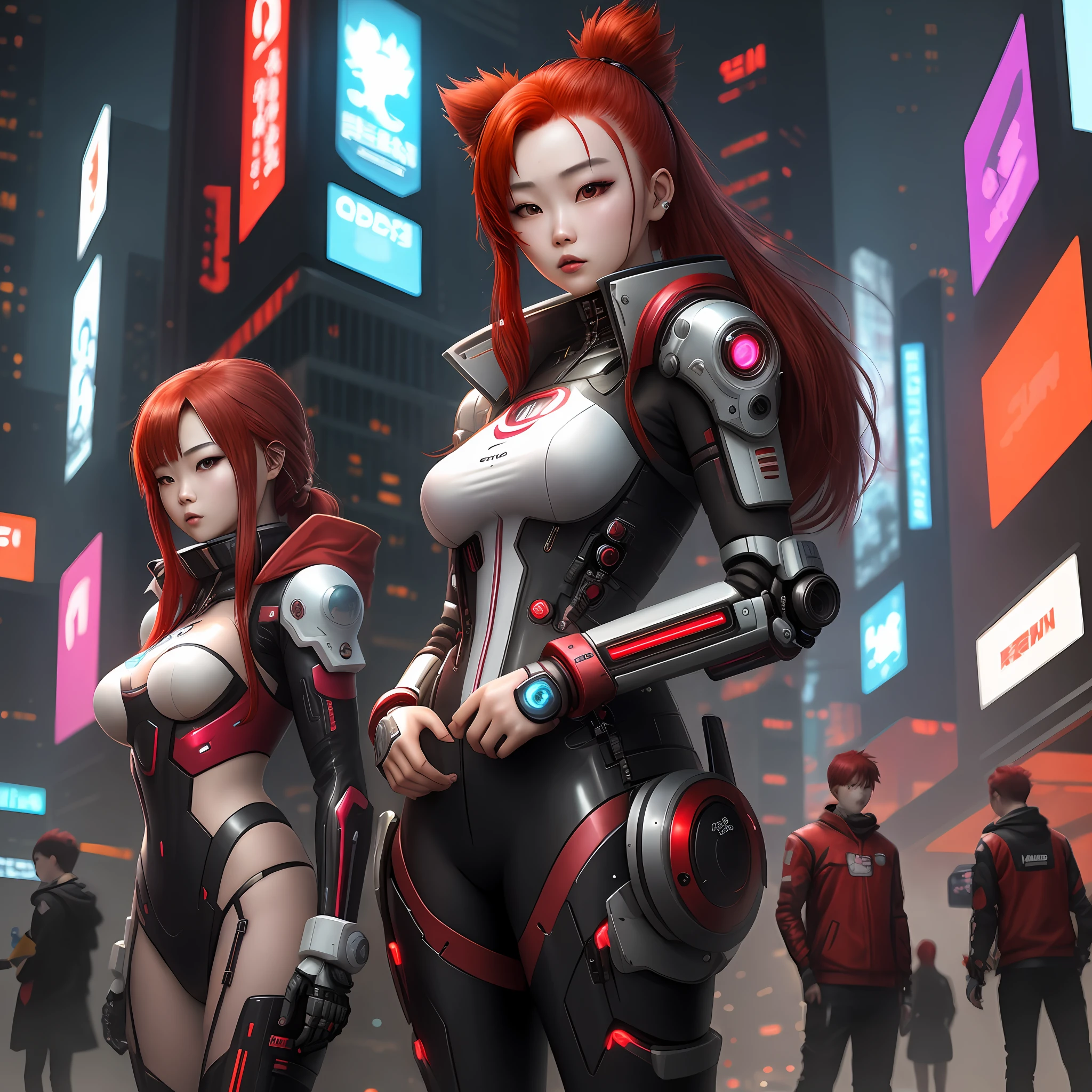Cyberpunk asian girl, redhair and robot pet