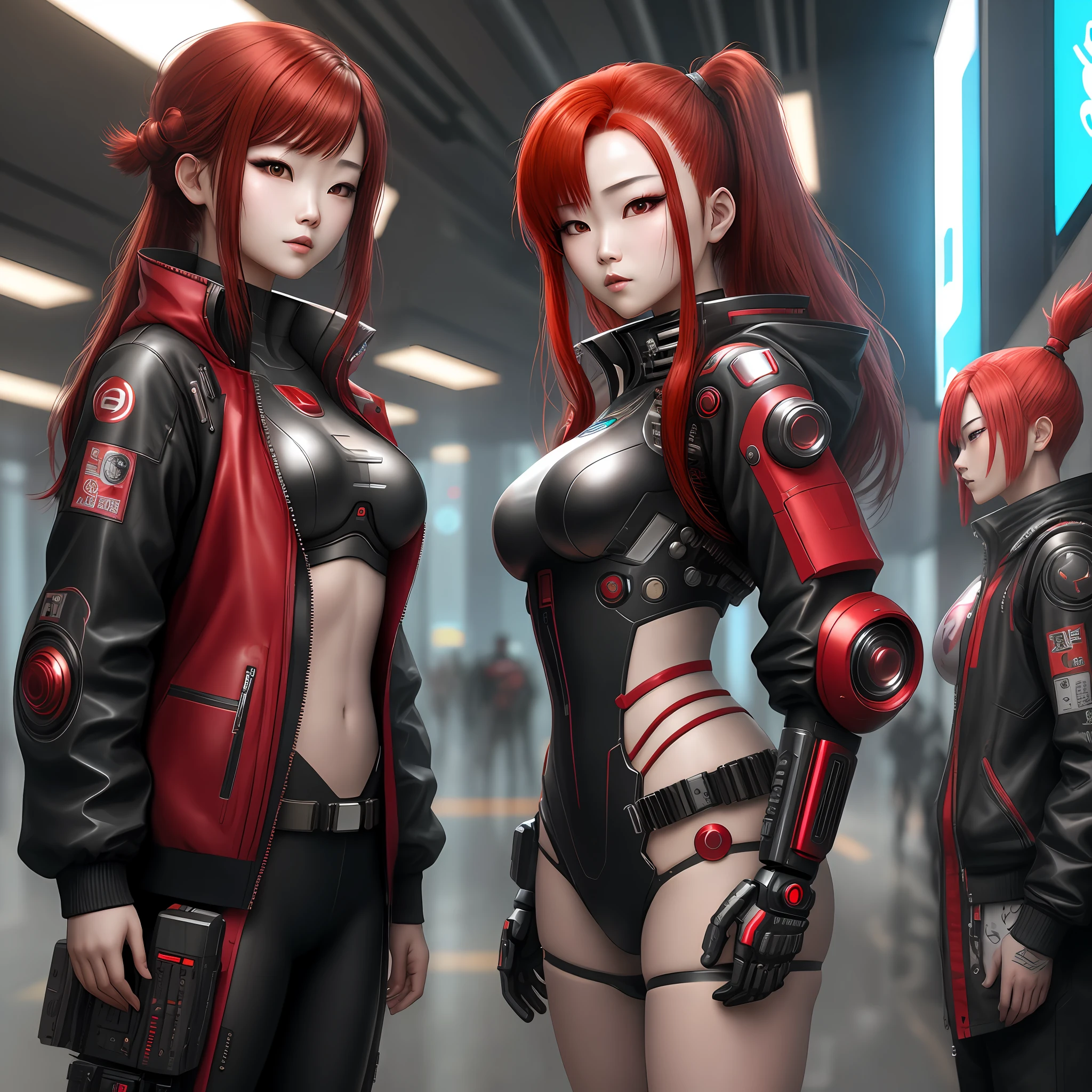Cyberpunk asian girl, redhair and robot pet