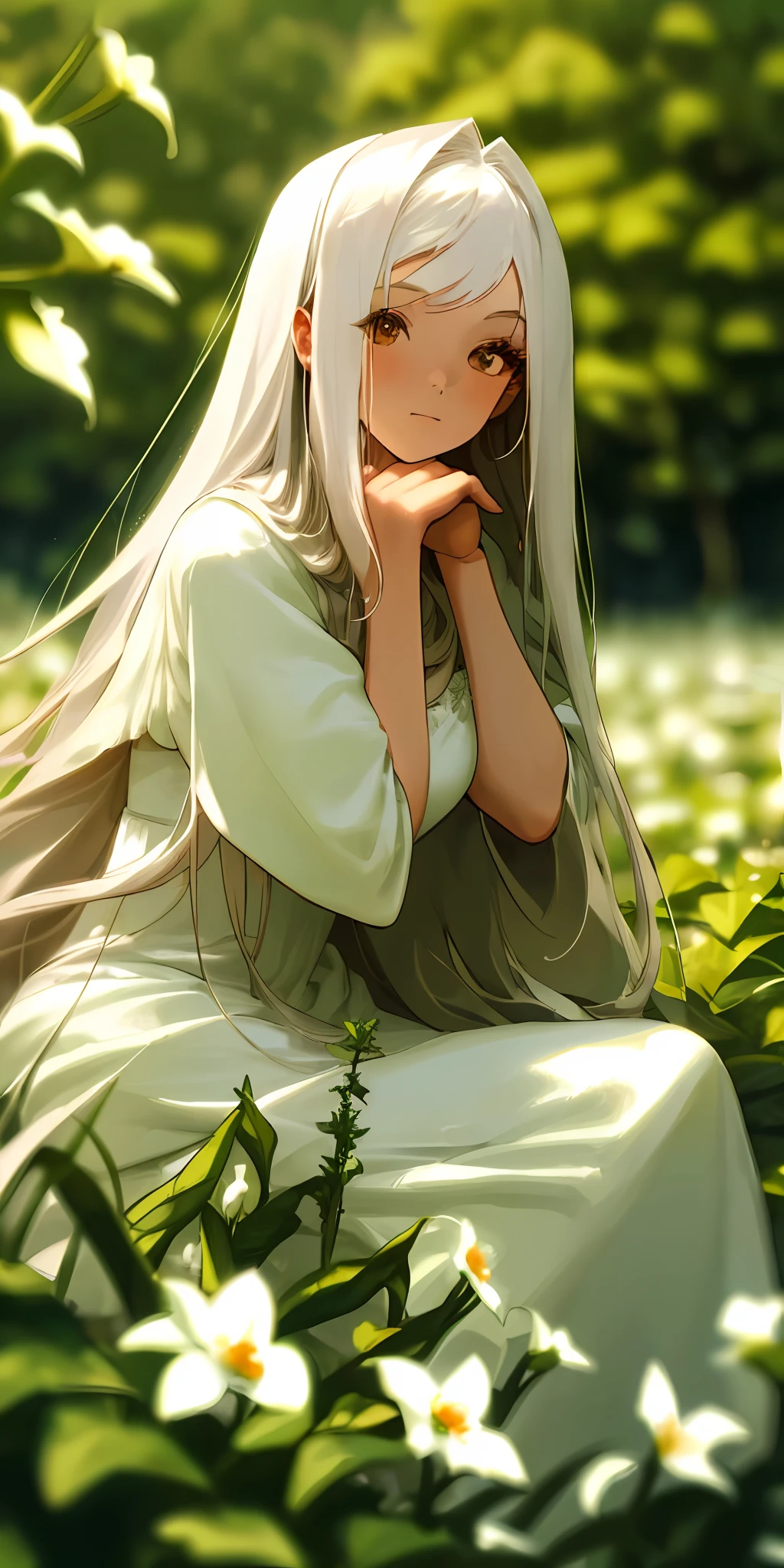 (masterpiece, best quality),1girl with long white hair sitting in a field of green plants and flowers, her hand under her chin, warm lighting, white dress, blurry foreground