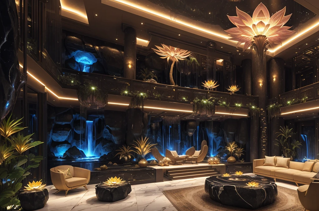 incredible luxurious futuristic interior in Ancient Egyptian style with many lush plants (lotus flowers:1.5, palm trees:1.4, rocky walls, sand:1.5, waterfalls:1.5) marble, precious minerals: 2, metals, gemstones, crystals, clouds and water:2, (futuristic luxury furniture), crocodiles, hieroglyphics: 1.5, ultra luxury:2, black marble – with beautiful lights:1.5, Unreal Engine, HQ, 16k