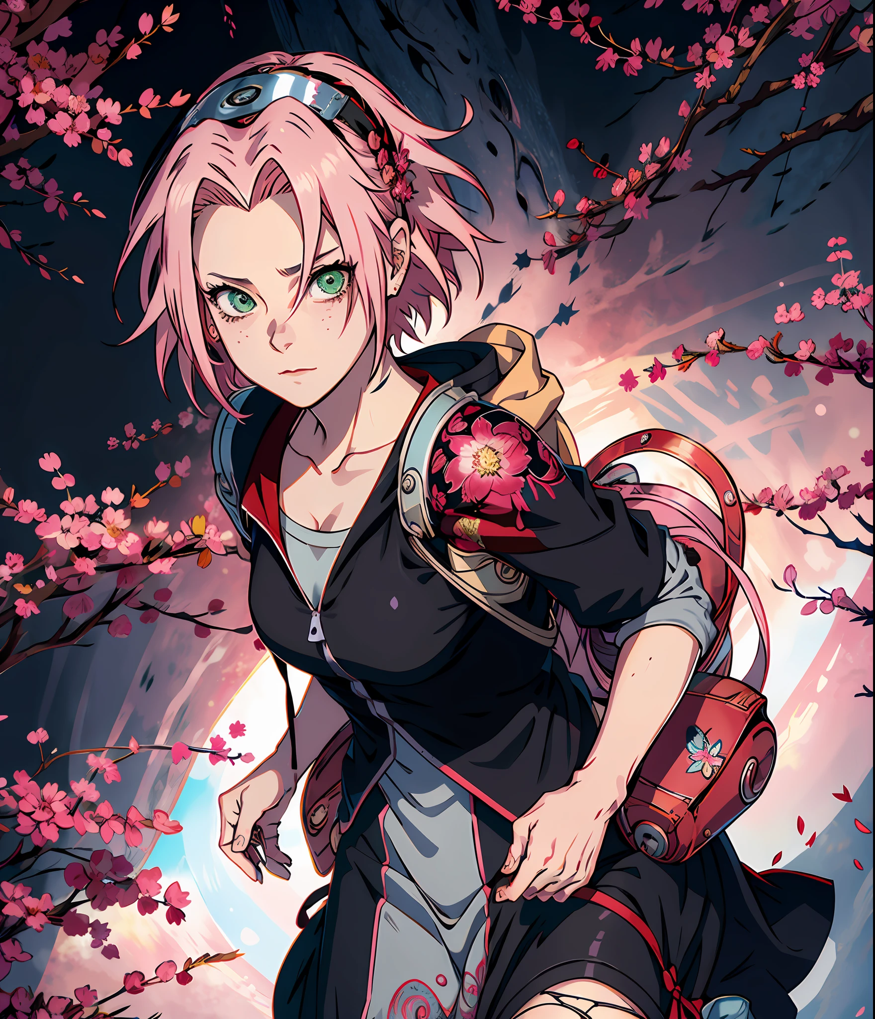 official art, sakura haruno, unity 8k wallpaper, ultra detailed, beautiful and aesthetic, high quality, beautiful, masterpiece, best quality, (zentangle, mandala, tangled, tangled: 0.6), flat color, limited palette, low contrast, 2girl, serafuku, short straight pink hair, lycoris flower, goat skull, (red, black), (horror), (dark), blood, gas mask