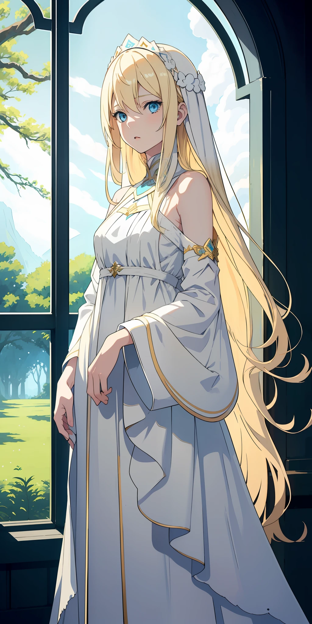 A beautiful girl with long blonde hair, blue eyes, white skin, wearing a guardian style dress, in a cinematic and artistic background of tree variations, with clay floor, making the environment simple and safe, in a clear lighting of pixiv anime.