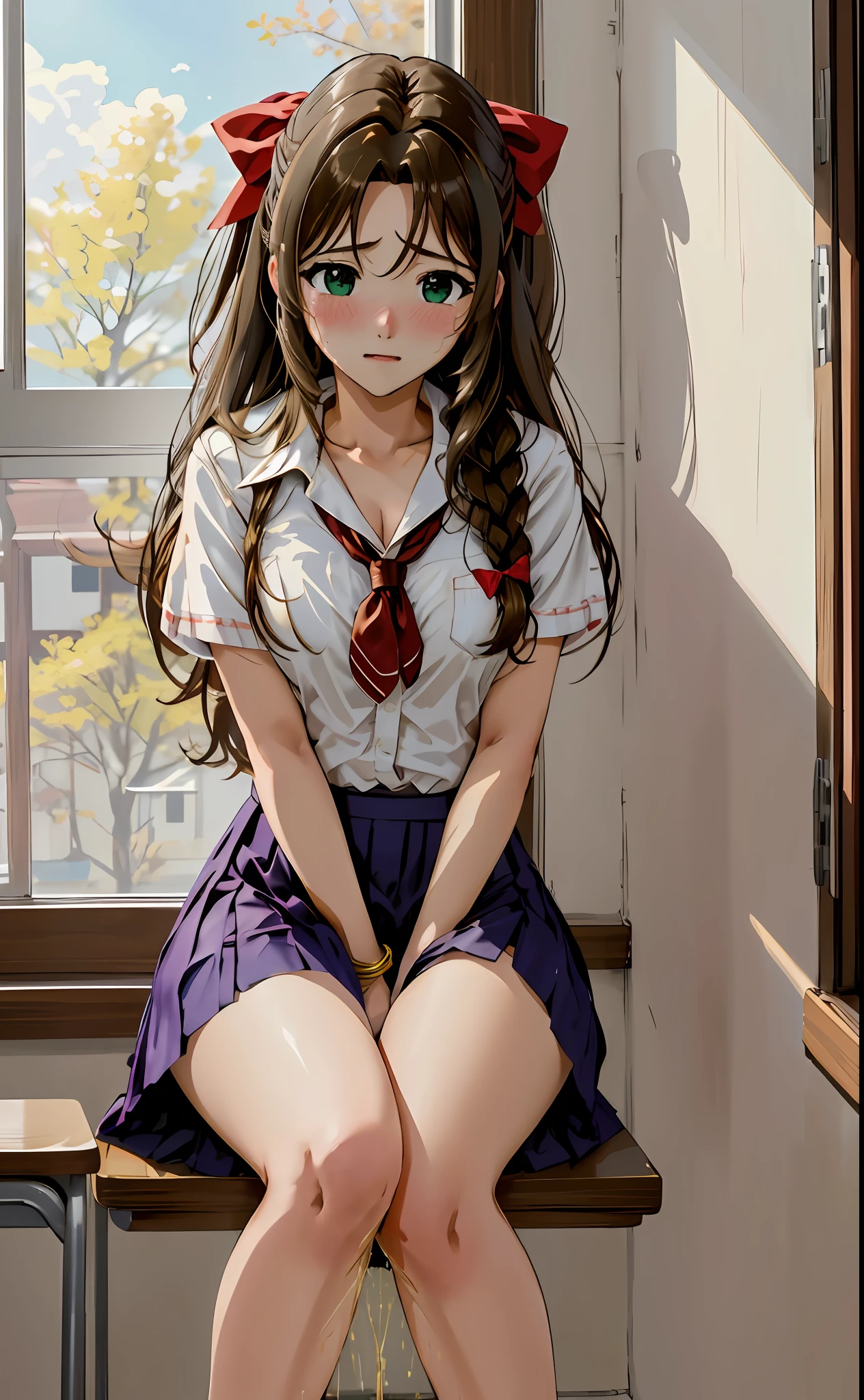 indoors, busy classroom, sitting, a3r1th, ??????? panties view, legs together, a3r1th, peeing, peeing herself, perfect female figure, Aerith Gainsborough, pantyhose, holding pen, green eyes, school uniform, hair bow, bracelet, schoolgirl skirt, looking down nervously, shy, embarrassed, sad, crying, aroused, shocked, panicking, worried, very desperate to pee, urination, legs crossed, ???? face, full-face blush, high detail, Realism, Hyperrealism, multiple views, perspective, ccurate, masterpiece, highres, UHD, anatomically correct, super detail, best quality, highres, 8k