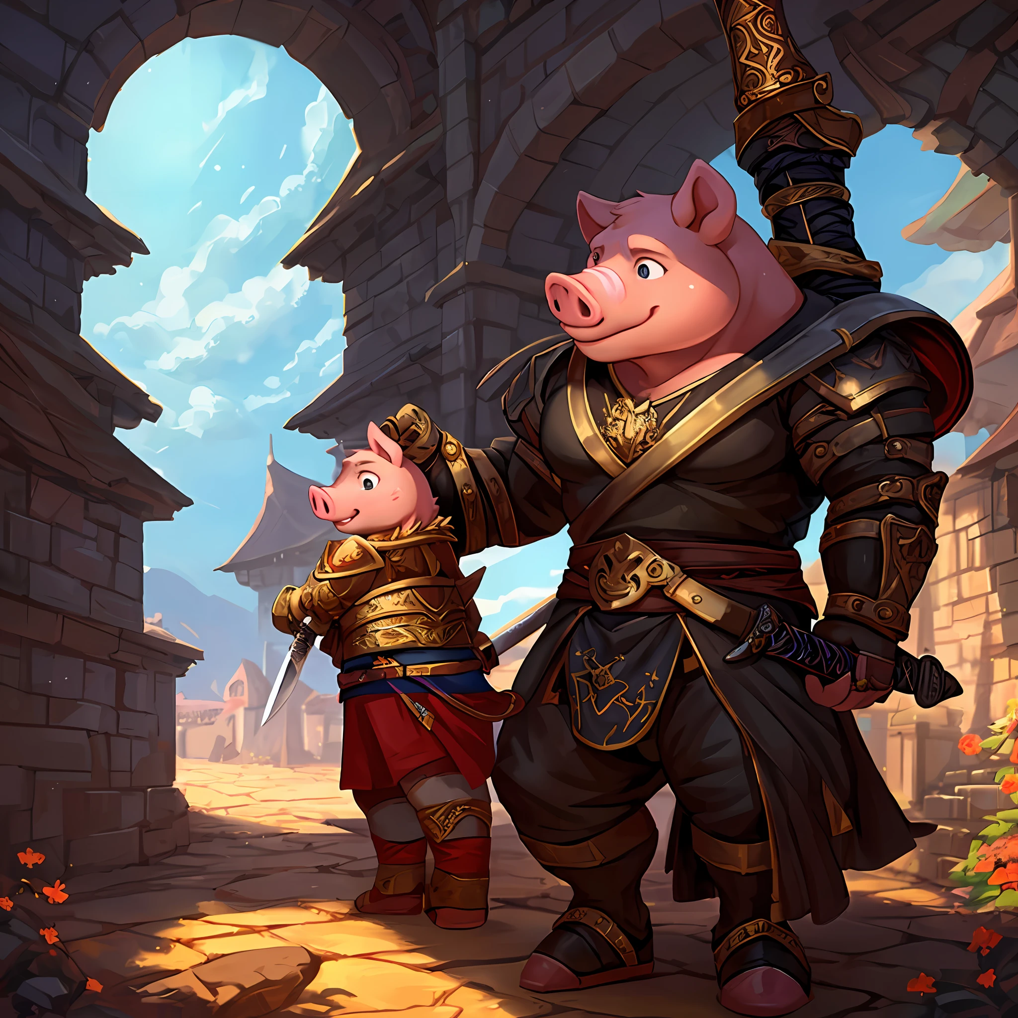Pig with a sword, cutting head, background of a pigsty, dramatic, bright colors, 8k quality