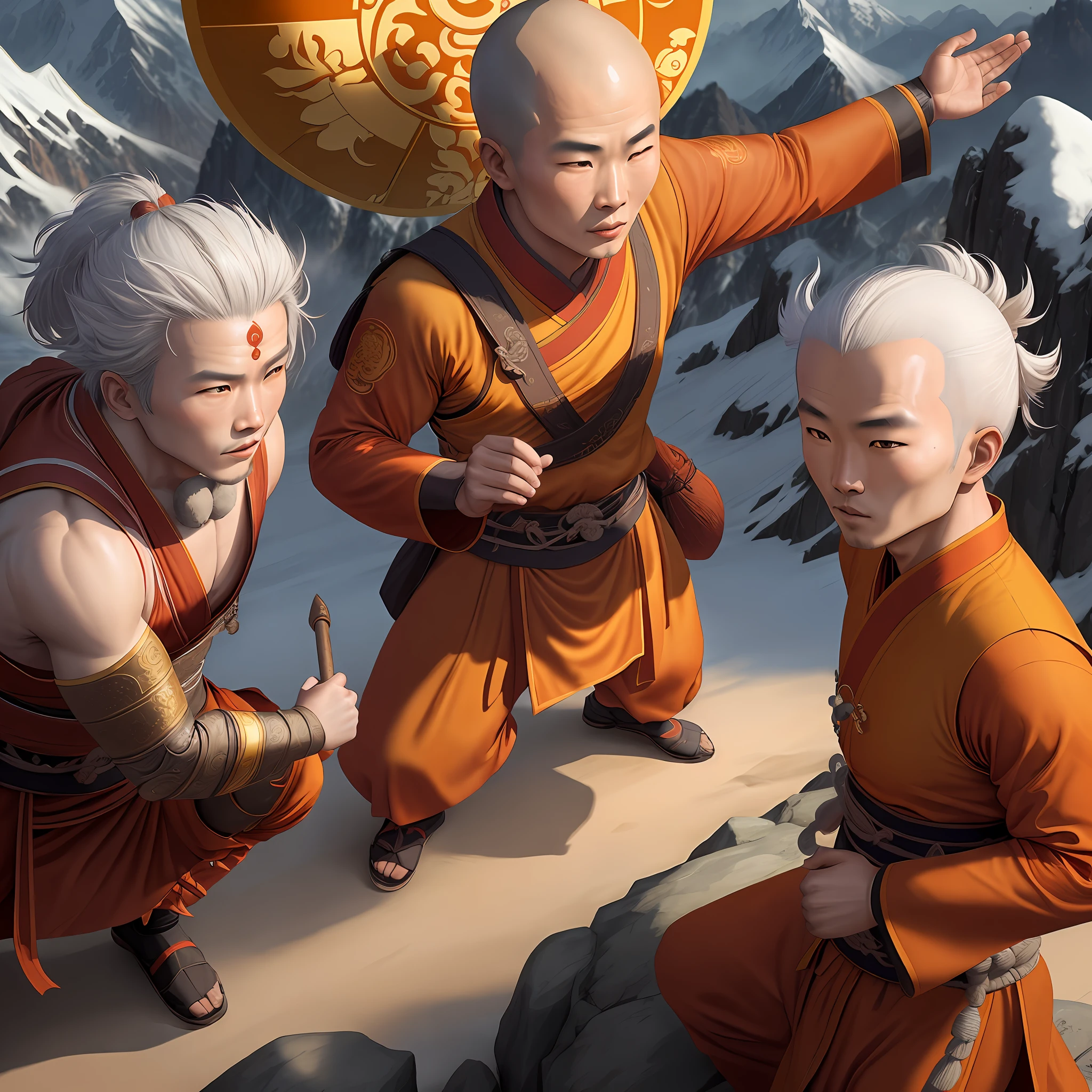Monks Shaolin and Gran Master, templo chinese, montains
