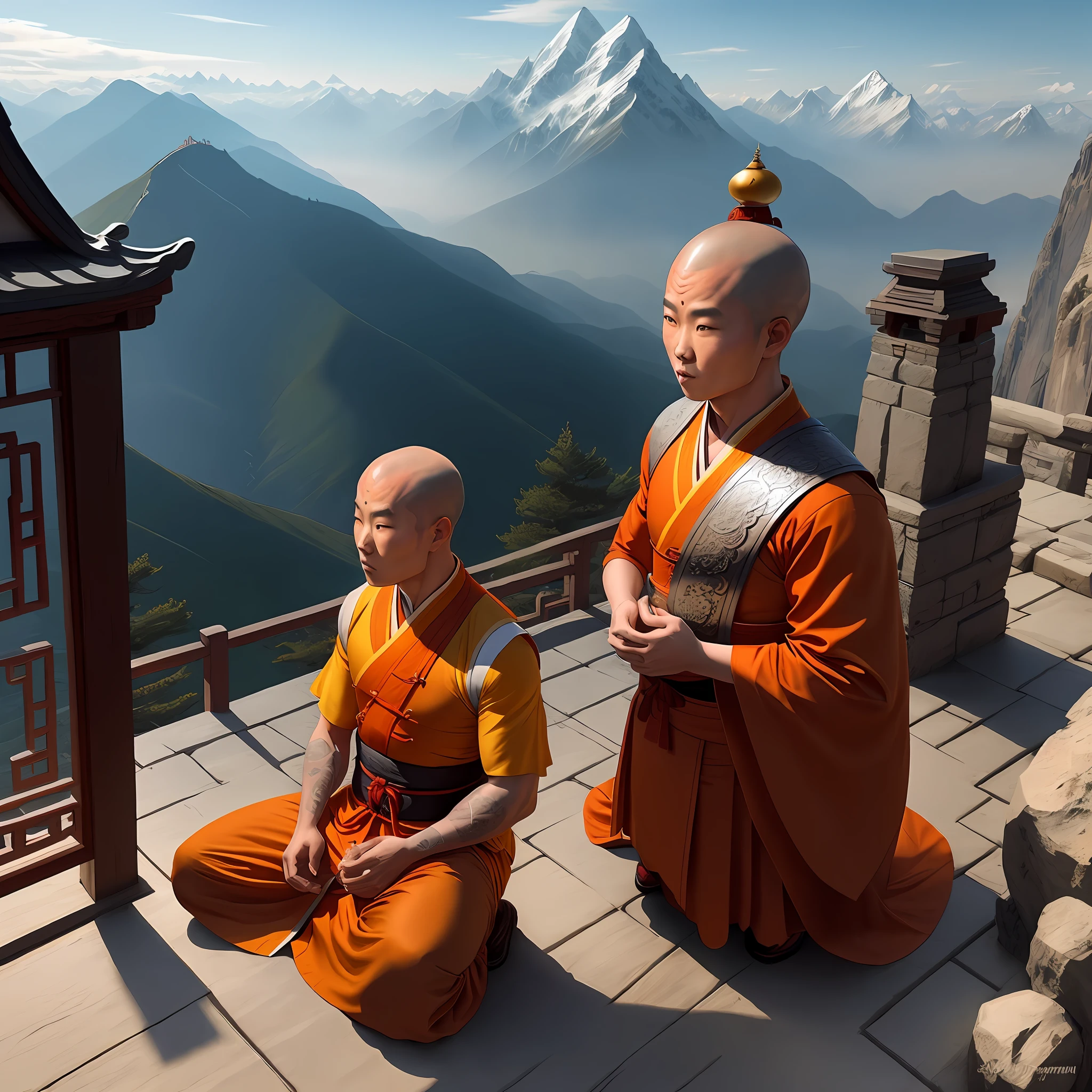 Monks Shaolin and Gran Master, templo chinese, montains