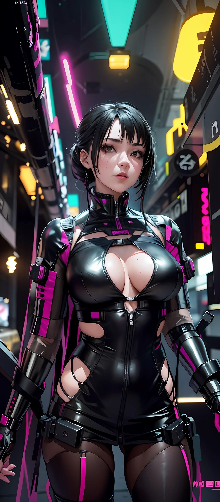 there is a woman in a corset and a black and white outfit, wearing techwear and armor, cyberpunk outfit, wearing japanese techwear, intriguing outfit, all black cyberpunk clothes, cyberpunk style outfit, female cyberpunk anime girl, cyberpunk streetwear, cyberpunk dress, anime girl cosplay, photograph of a techwear woman, cyberpunk anime girl, wearing cyberpunk streetwear, maid outfit