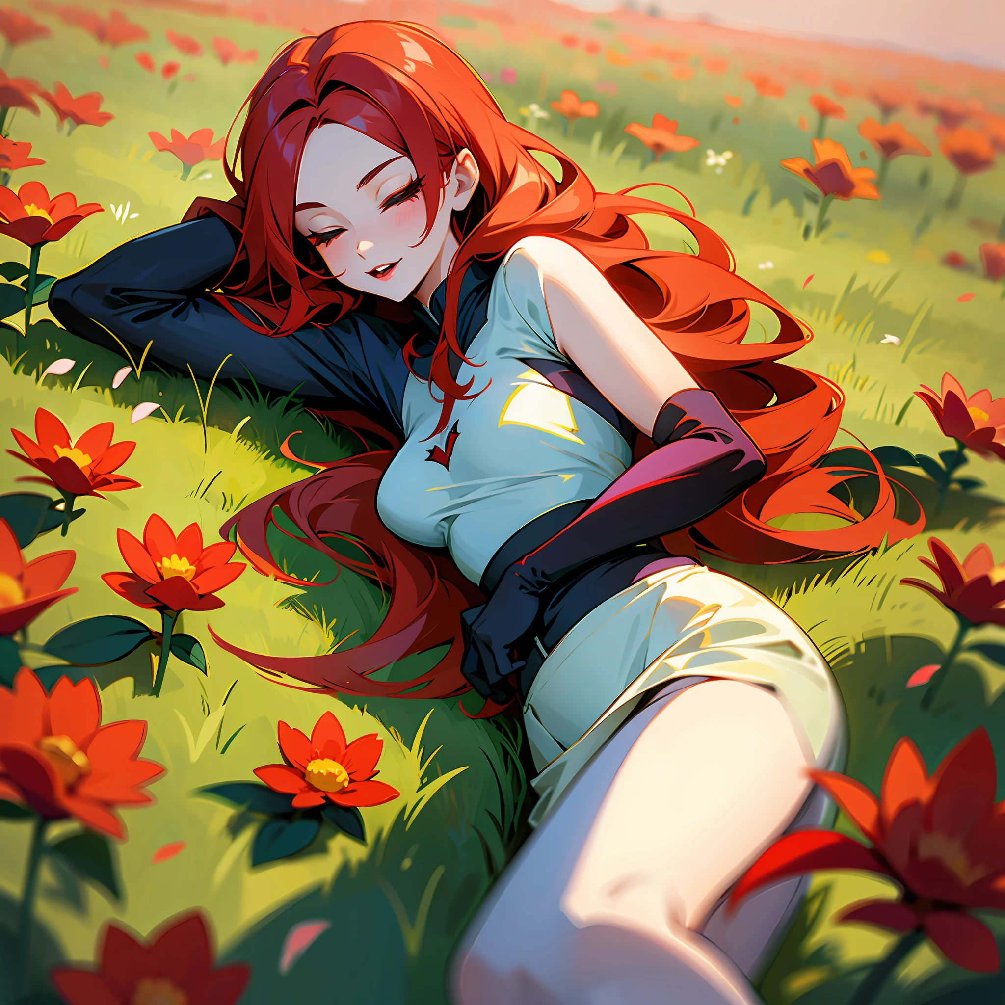 A vampire girl with red hair with her eyes closed, waist-high angle lying on a field of flowers on a background of flowers and grass
