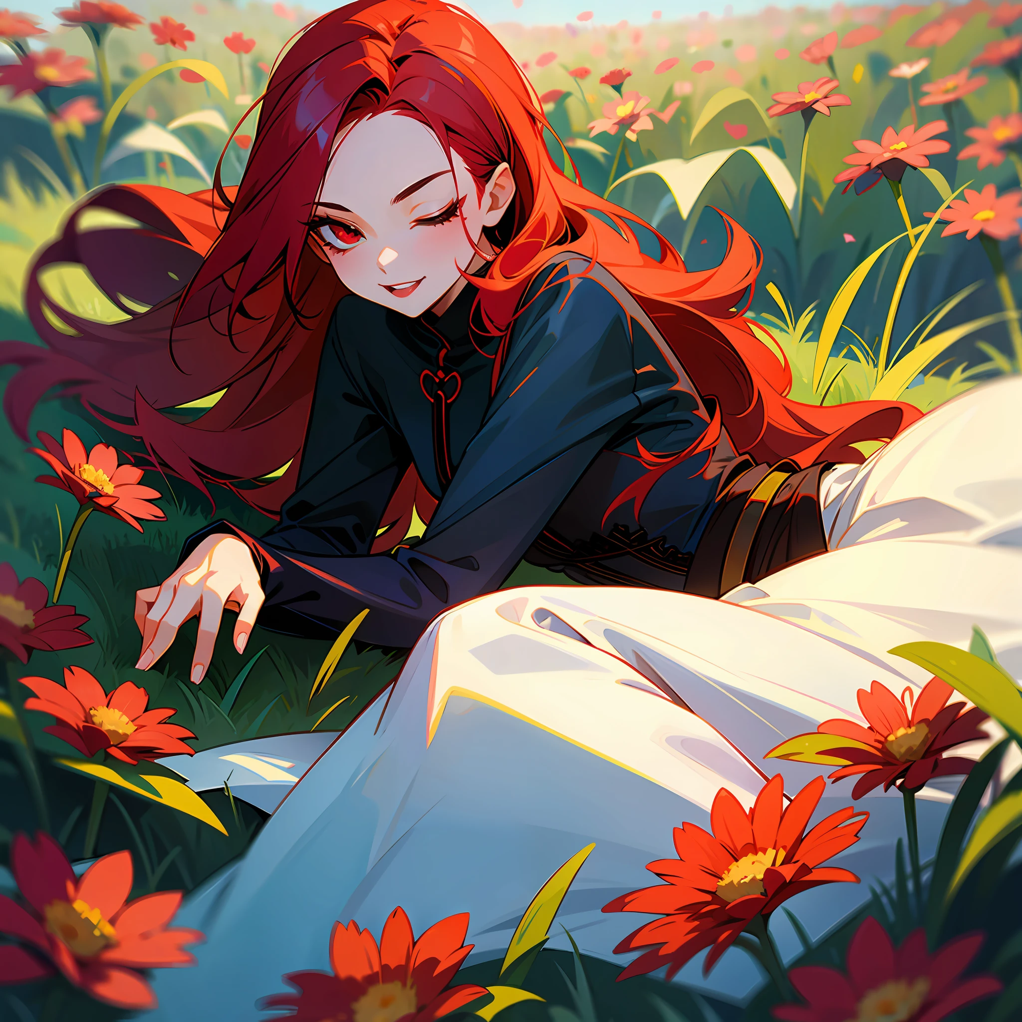 A vampire girl with red hair with her eyes closed, waist-high angle lying on a field of flowers on a background of flowers and grass