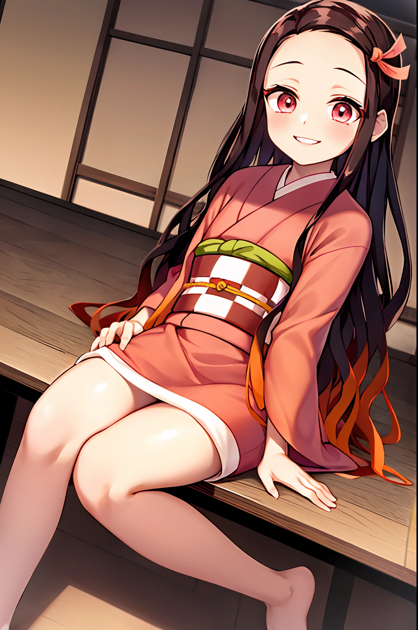 kamado nezuko, 1girl, slit pupils, ((aged up)), brown hair, gradient hair, japanese clothes, kimono, long hair, multicolored hair, night, obi, pink kimono's, dark hair, orange bottom hair, red eyes, solo, sit, very long hair, white belt, ((masterpiece)), nezuko kamado, kimetsu no yaiba, sit down, japanese room, sit down in japense room, smile, smiling face,