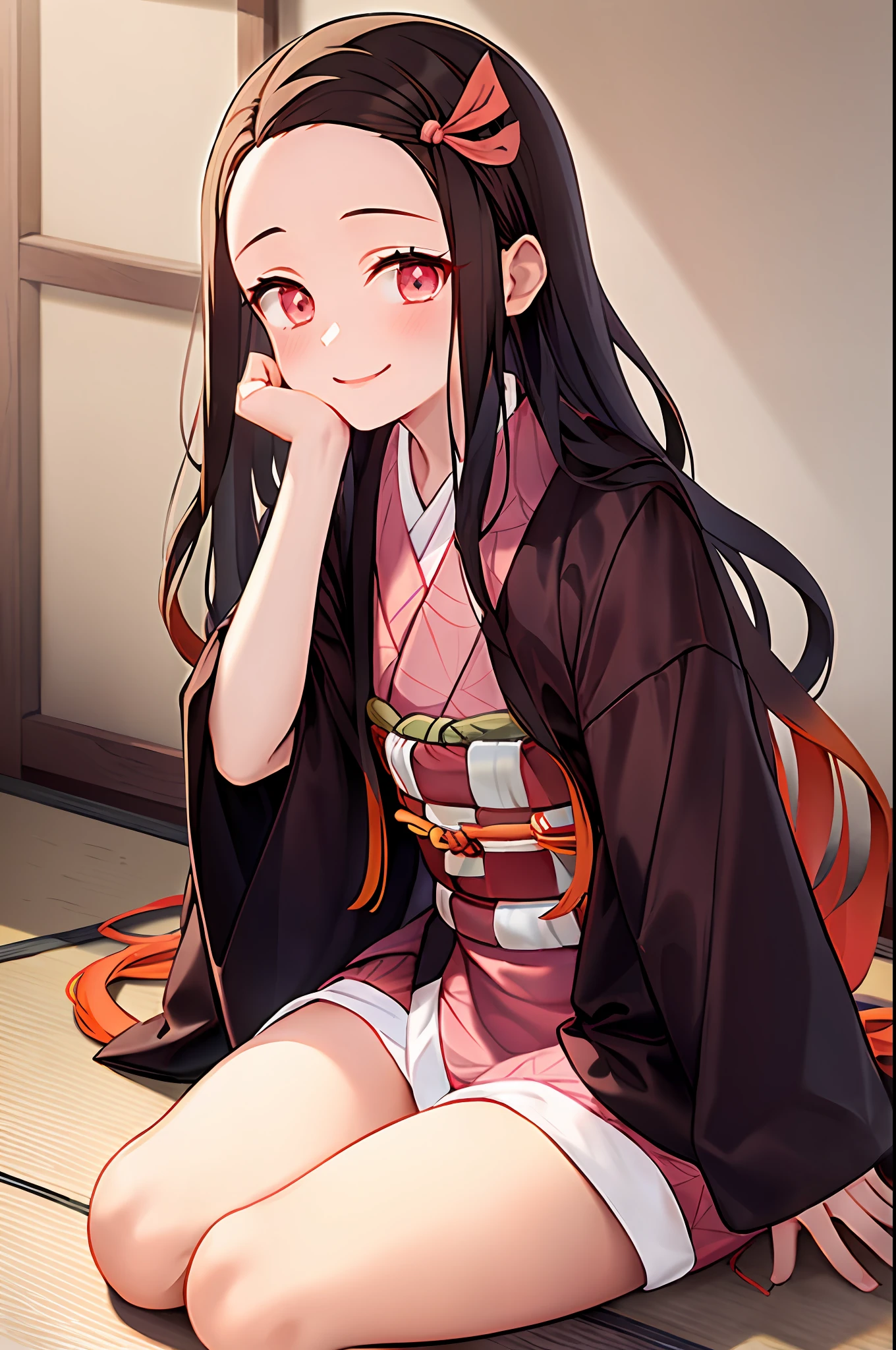 kamado nezuko, 1girl, slit pupils, ((aged up)), brown hair, gradient hair, japanese clothes, kimono, long hair, multicolored hair, night, obi, pink kimono's, dark hair, orange bottom hair, red eyes, solo, sit, very long hair, white belt, ((masterpiece)), nezuko kamado, kimetsu no yaiba, sit down, japanese room, sit down in japense room, smile, smiling face,