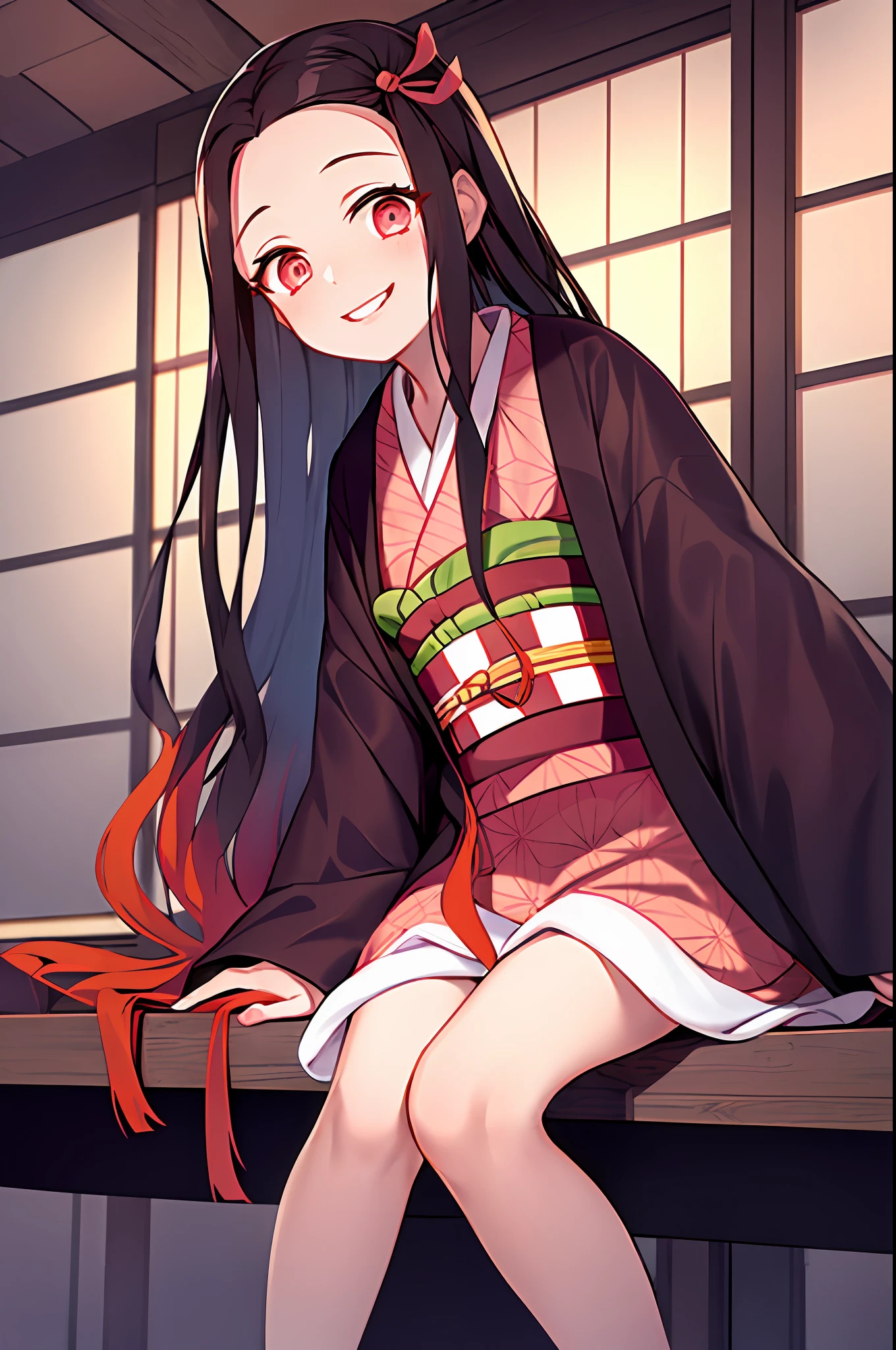 kamado nezuko, 1girl, slit pupils, ((aged up)), brown hair, gradient hair, japanese clothes, kimono, long hair, multicolored hair, night, obi, pink kimono's, dark hair, orange bottom hair, red eyes, solo, sit, very long hair, white belt, ((masterpiece)), nezuko kamado, kimetsu no yaiba, sit down, japanese room, sit down in japense room, smile, smiling face,