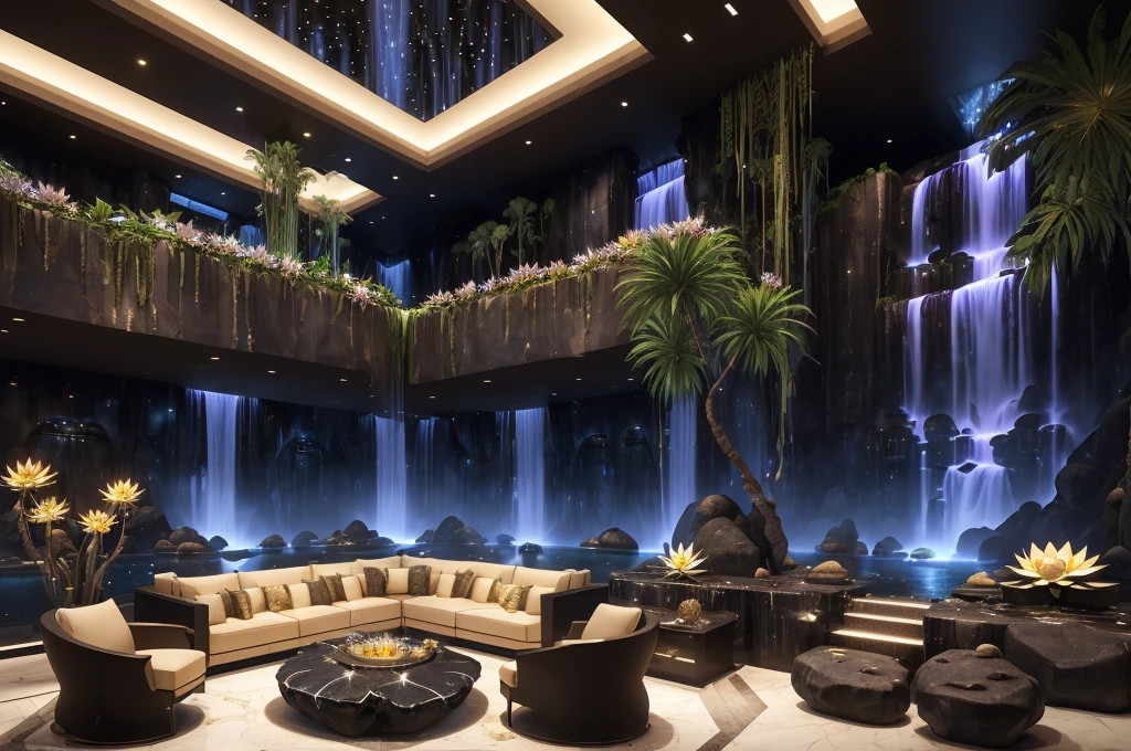 incredible luxurious futuristic living room interior in Ancient Egyptian style with many lush plants (lotus flowers:1.5, palm trees:1.4, rocky walls, sand:1.5, waterfalls:1.5) marble, precious minerals: 2, metals, gemstones, crystals, clouds and water:2, ((futuristic luxury furniture)), crocodiles, hieroglyphics: 1.5, ultra luxury:2, black marble – with beautiful lights:1.5, Unreal Engine, HQ, 16k