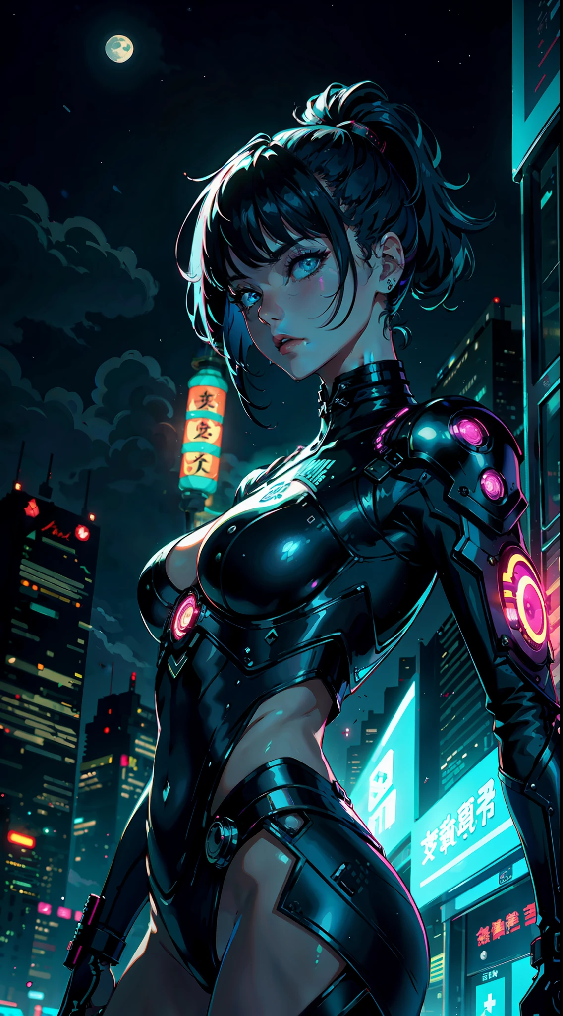 1girl, solo, girl, futuristic outfit, neon samurai, very beautiful cyberpunk samurai, cyberpunk samurai, ghost blade style, cyberpunk victo ngai style, cyberpunk neon style, cyberpunc, cyberpunk neon, technomancer, video game character, synthwave image, cyberpunk, concept art neon glow, moon, lantern, night, solo, outdoor, sky, full moon, rain, mountain, cloud, paper lantern, night sky, fringe, tree, reflection, cloudy sky, {{(masterpiece),(extremely detailed CG unity 8k wallpaper),best quality,solo,cinematic lighting,detailed background,beautiful detailed eyes,bright pupils,(an extremely delicate and beautiful),(beautiful and detailed eye description),ultra-detailed,masterpiece,}}, detailed eyes, beautiful eyes, realistic eyes, beautiful eyes, perfect eyes