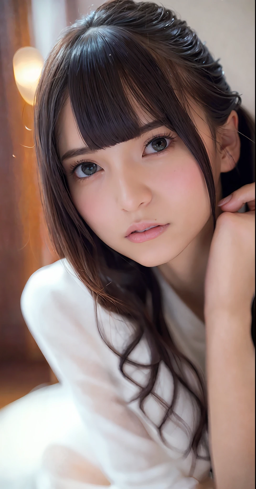 Nikon Z 85mm, ((best quality)) ((masterpiece)), intricate details, sharp focus, professional, photorealistic, real life, ultra realistic, photorealism,SILHOUETTE light,finely detail,best quality,extremely detailed CG unity 8k wallpaper,perfect artwork,upper body, shiny hair, glowing eyes, lustrous skin, realistic, perfect female figure, narrow waist, looking at viewer,lace,seductive posture, sexy pose, an extremely delicate and beautiful,best quality, beautiful detailed girl, beautiful detailed eyes,light on face,cinematic lighting,see-through,White pajamas, transparent material, revealing buttocks,a realistic representation of the face,  (intricate details, makeup, (detailed beautiful delicate face, detailed beautiful delicate eyes, a face of perfect proportion, high detailed skin, detailed skin, best ratio four finger and one thumb, arms under breast, medium large breasts, smooth midriff, skiny and thin,fashion, solo ,(young), face highlight, upper body, detailed face, white skin, silver hair, ponytail, braid hair,big eyes, silk robe, (hollow pattern, silk), earrings, slim body, luxury room, professional lighting, tear robe,1 girl,Coiling hair