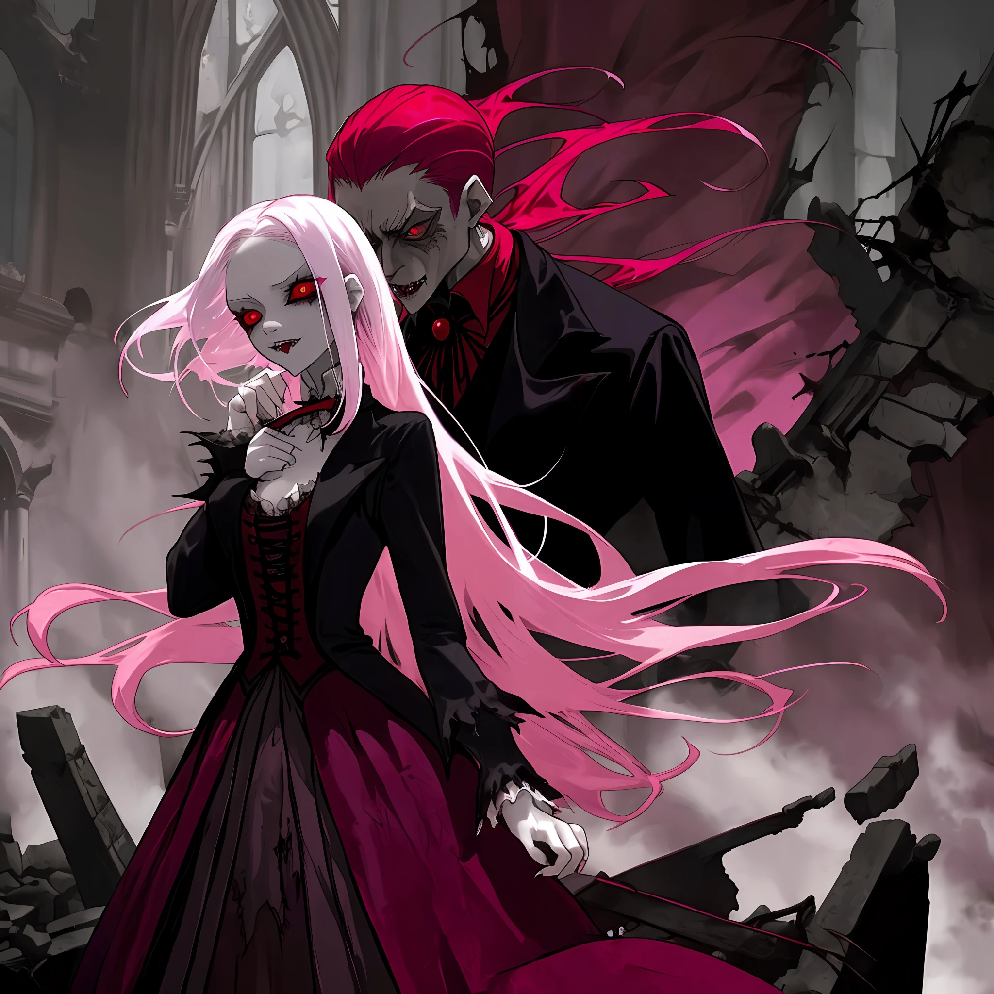 A vampire girl with white hair and red eyes in a gothic dress bites the neck of a guy with pink hair in a tailcoat, against the backdrop of the ruins of a Gothic castle