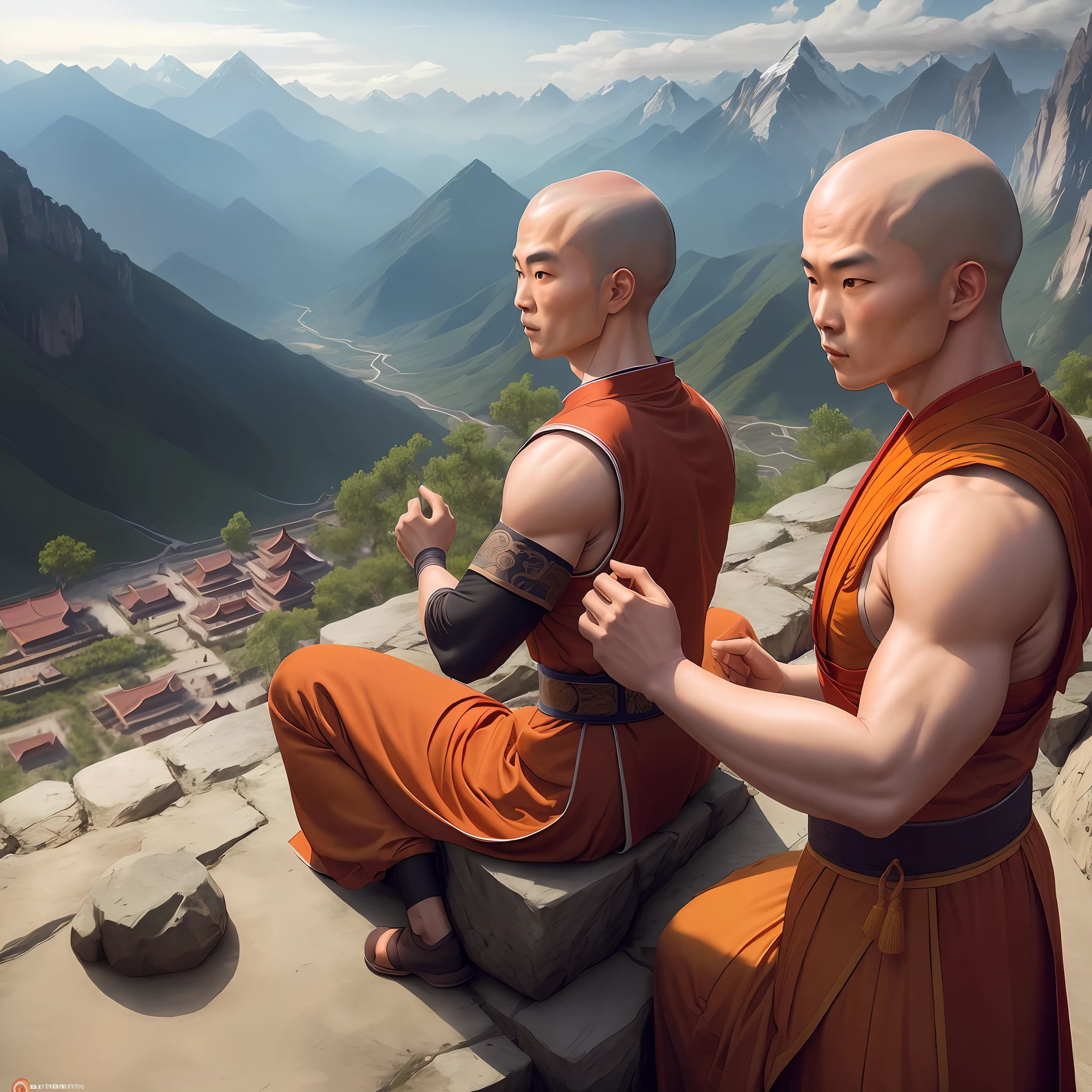 Monks Shaolin and Gran Master, templo chinese, montains
