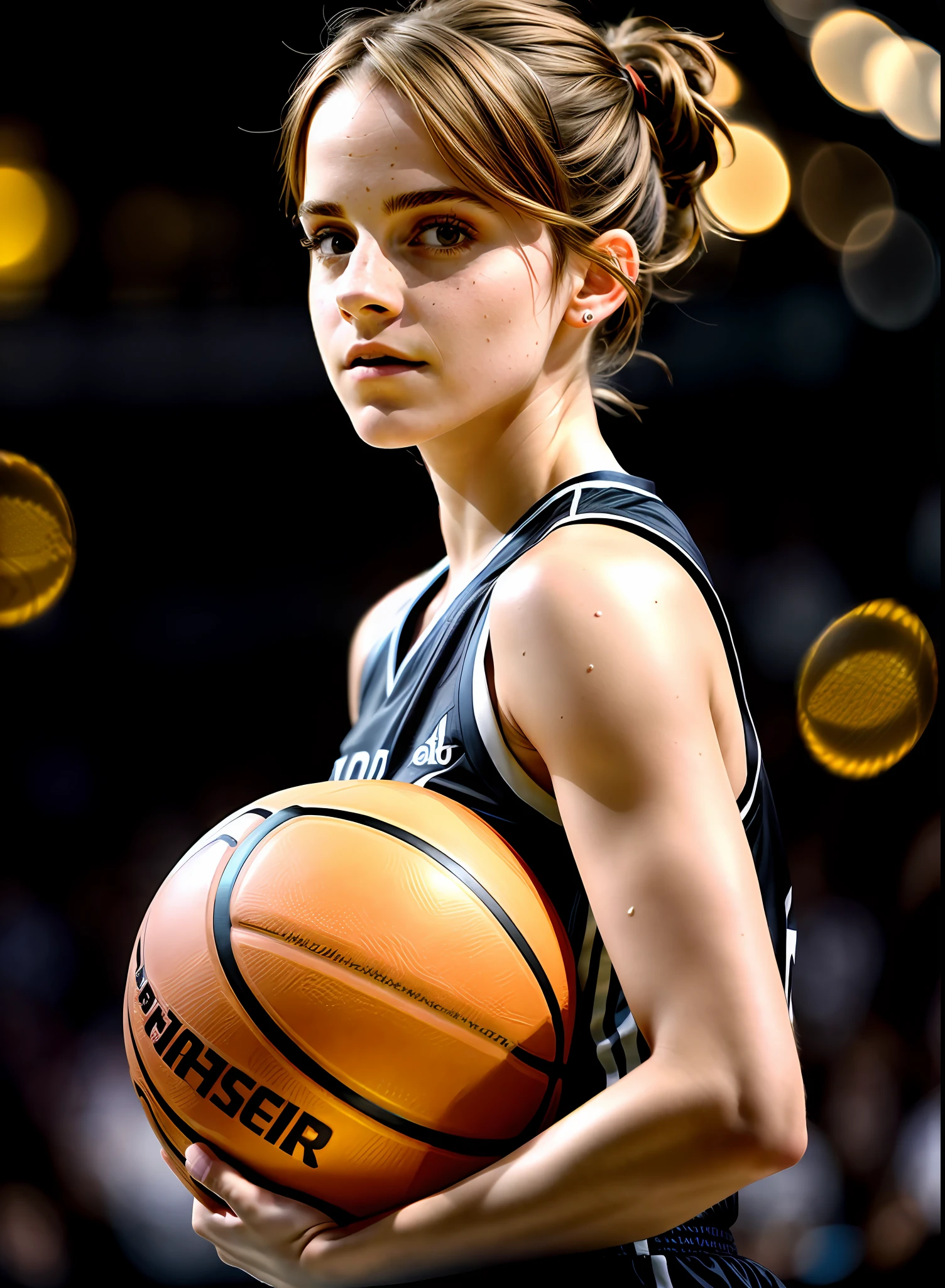 1 emma watson, playing basketball, dramatic lightining, two tone lightning (Clutter-Home:0.8), (masterpiece:1.2) (photorealistic:1.2) (bokeh) (best quality) (detailed skin:1.3) (8k) (detailed eyes) (sharp focus)
