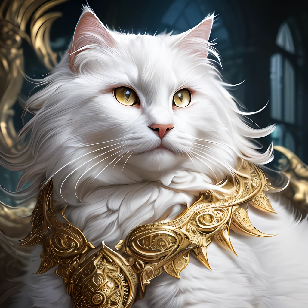 Large, fat, fluffy, white, long-haired Scottish cat, beside golden dragon with scaly skin sit in each other's arms and look at each other like lovers, concept art, complex, elegant, highly detailed digital painting, smooth, sharp focus, illustration, stunningly intricate detail, luminous filigree fantasy, digital art masterpiece, centred composition perfect composition, intricate pose, intricate, beautifully detailed insanely detailed octane rendering, 8k, art photography, photorealistic concept art, soft natural volumetric cinematic perfect light, award winning photography, masterpiece, oil on canvas, intricate, elegant, highly detailed digital artwork