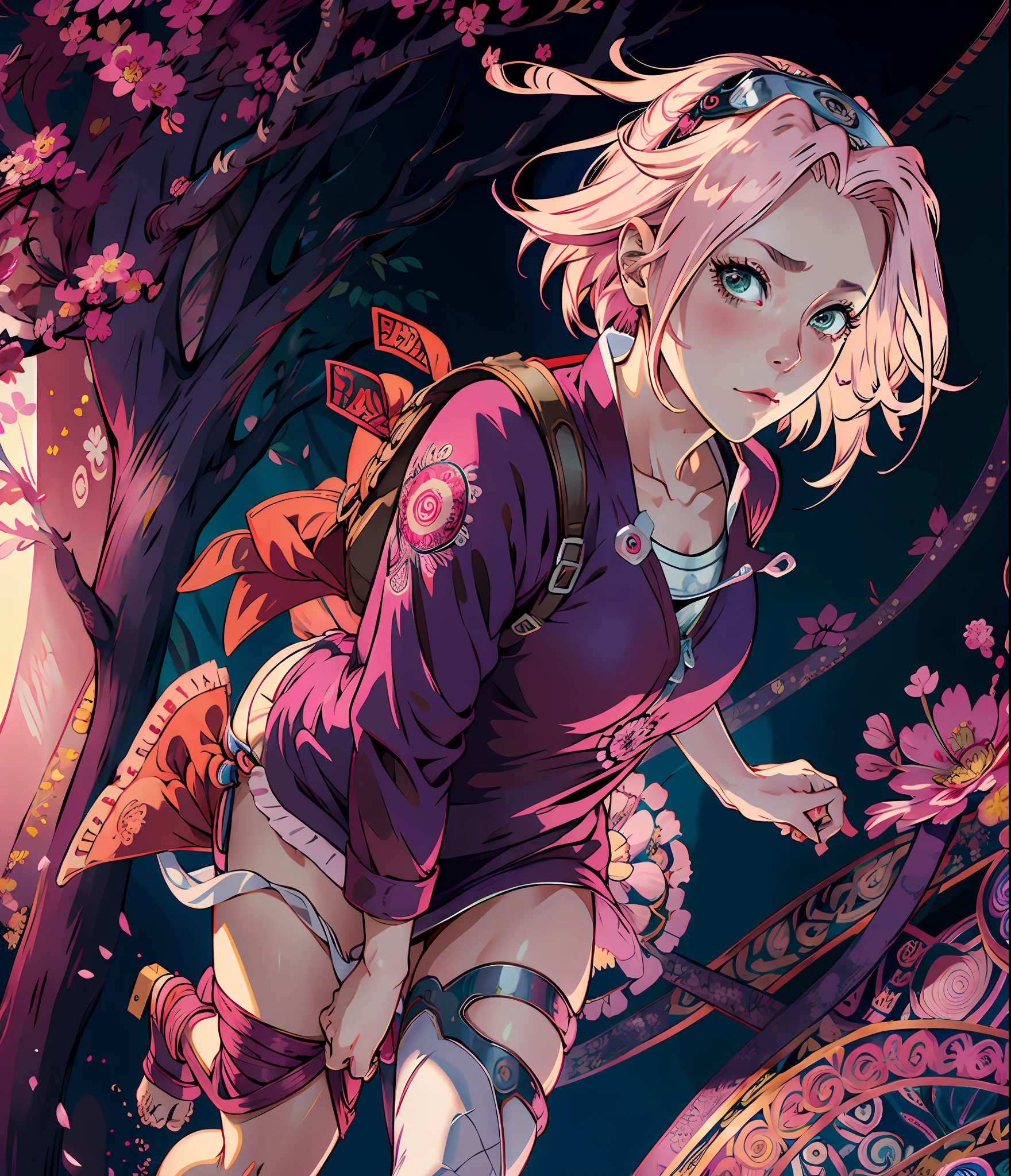 official art, Sakura haruno, unity 8k wallpaper, ultra detailed, beautiful and aesthetic, high quality, beautiful, masterpiece, best quality, (zentangle, mandala, tangled, tangled: 0.6), flat color, limited palette, low contrast, 2girl, serafuku, short straight pink hair, lycoris flower