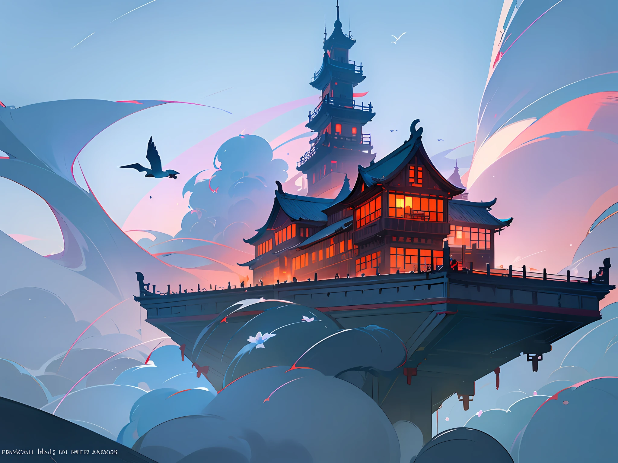 Color (Fantasy: 1.2), (traditional Chinese style), (irregular red building floating on the cloud), patchwork cottages, flower decorations, lights, concept art inspired by Andreas Rocha, Artstation contest winner, Fantasy art, (sky city), ross tran, light shafts, realistic lighting, masterpiece, high quality, beautiful graphics, high detail, masterpiece, high quality, beautiful graphics, high detail, --v6, (flying seabirds in the sky)