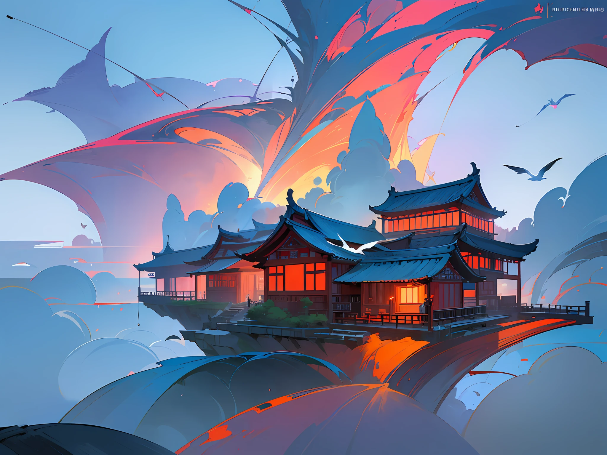 Color (Fantasy: 1.2), (traditional Chinese style), (irregular red building floating on the cloud), patchwork cottages, flower decorations, lights, concept art inspired by Andreas Rocha, Artstation contest winner, Fantasy art, (sky city), ross tran, light shafts, realistic lighting, masterpiece, high quality, beautiful graphics, high detail, masterpiece, high quality, beautiful graphics, high detail, --v6, (flying seabirds in the sky)
